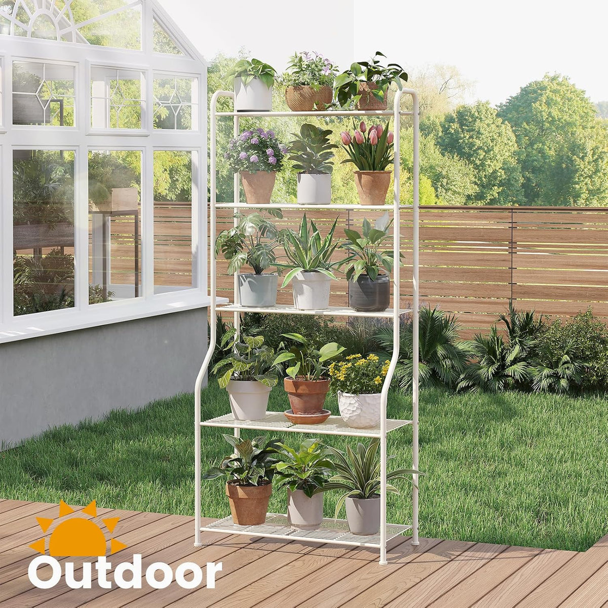 5-Tier Corner Plant Stand, Metal Black Flower Pot Rack, Indoor Outdoor Heavy Duty Shelf (Cream, 5 Tier)