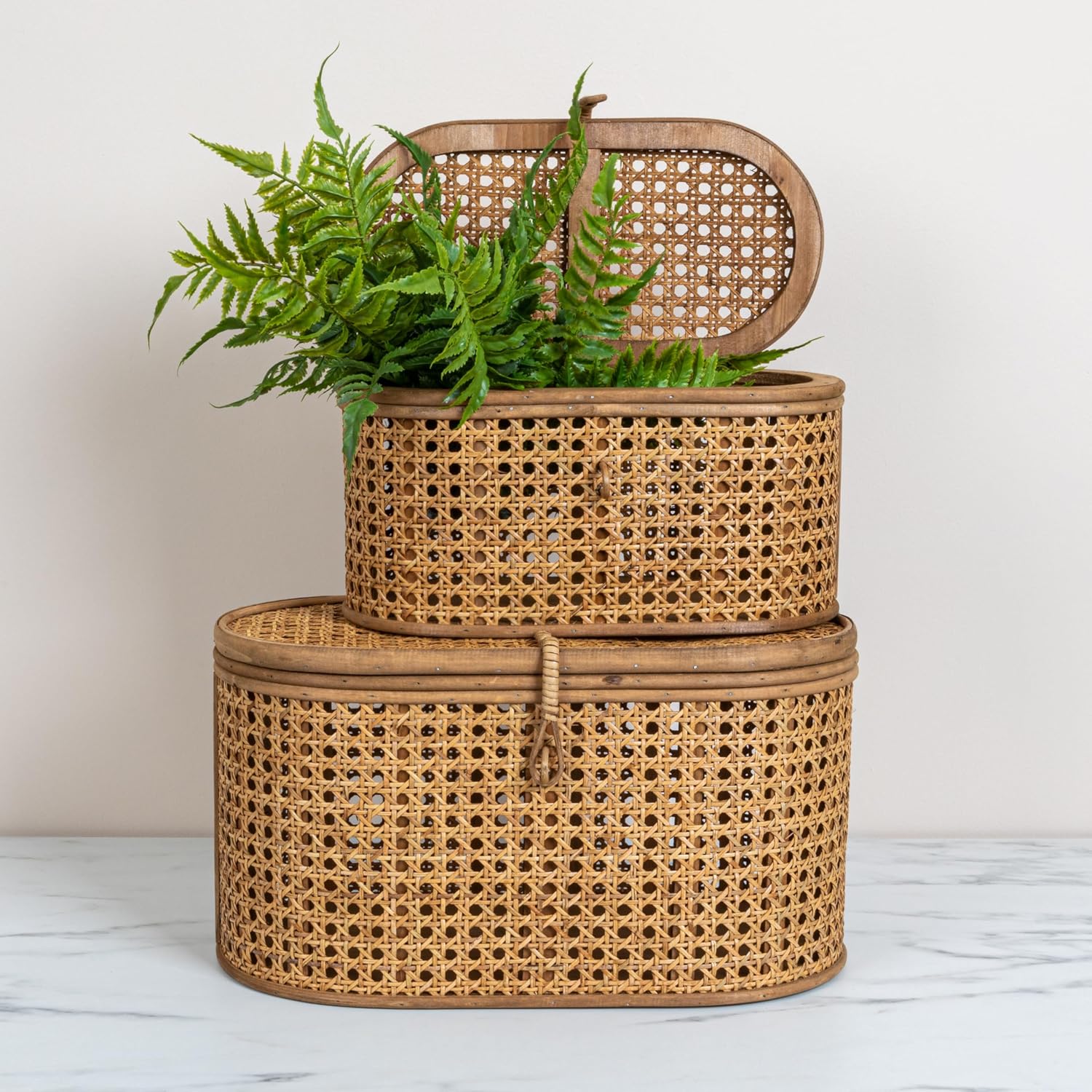 Modern Decorative Oval Woven Rattan Storage Boxes / Natural / Set of 2