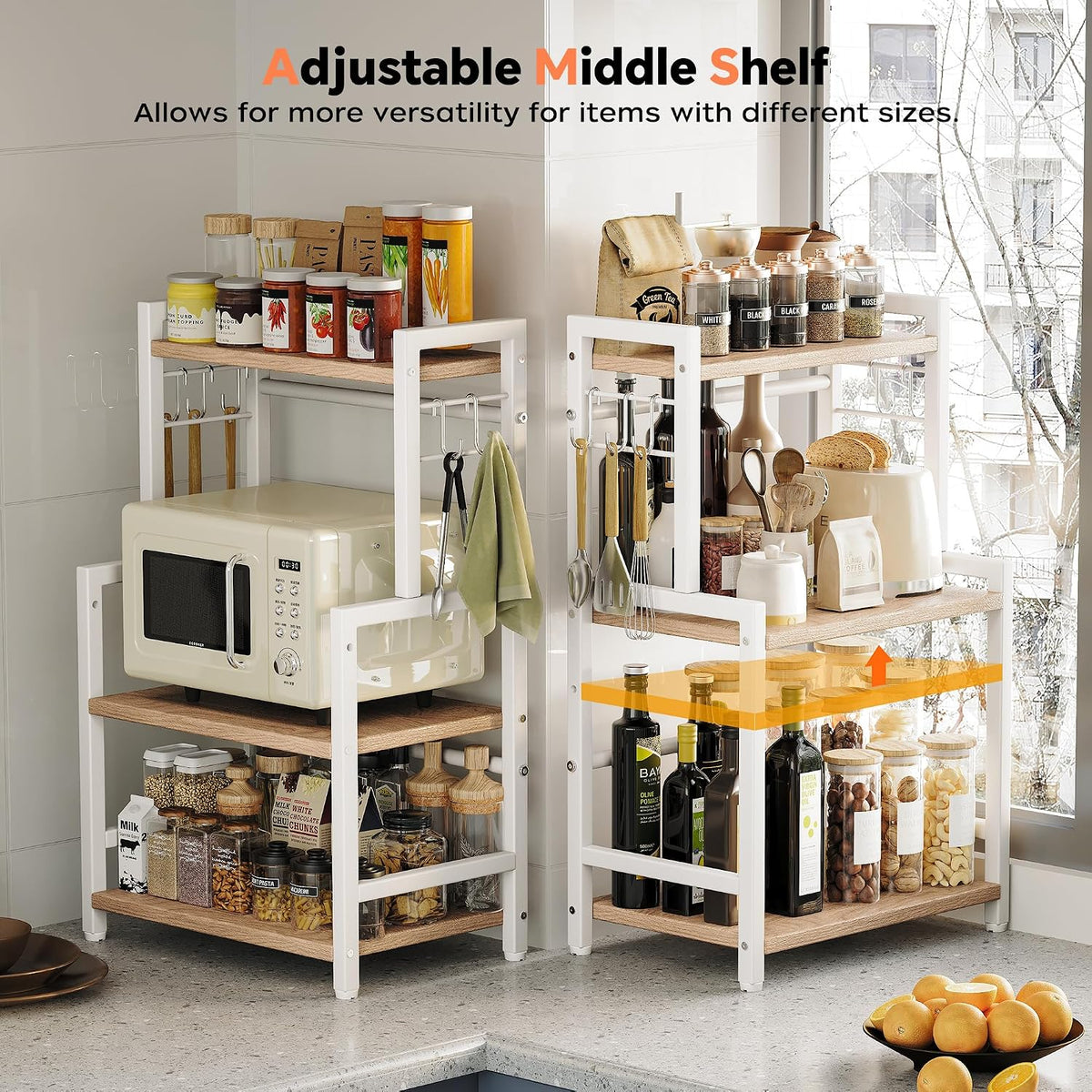 Kitchen Countertop Organizer, 3 Tier Large Spice Rack Organizer with Adjustable Shelf and 5 Hooks, Wooden Counter