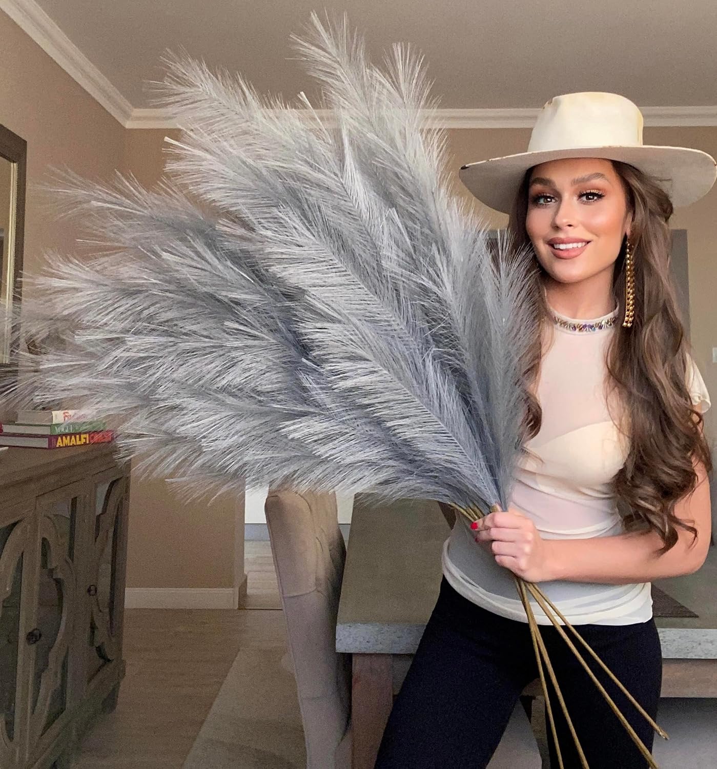 Light Fake Artificial Faux Pampas Grass Large Bundle 3 Tall 45" Extra Fluffy Stems / Grey Gray