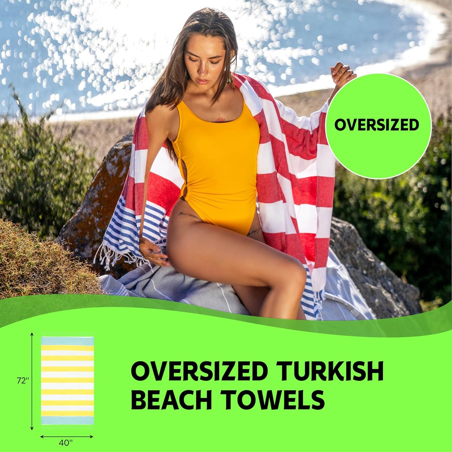 Turkish Beach Towel, Set of 6, 72" L x 40" W, 100% Cotton | Oversized, Absorbent, Quick-Drying | Sand Free, Reversible