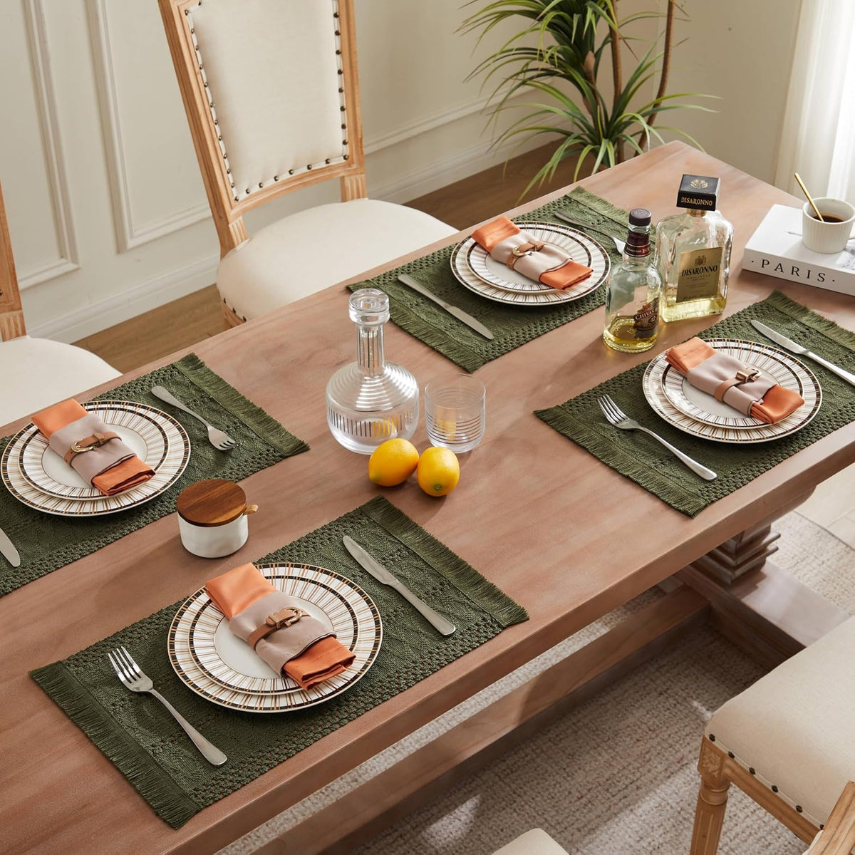 Macrame Style Boho Placemats Set of 6, Olive 12x20 Inch | Decorative Farmhouse Table Mats, Natural Cotton Woven Place