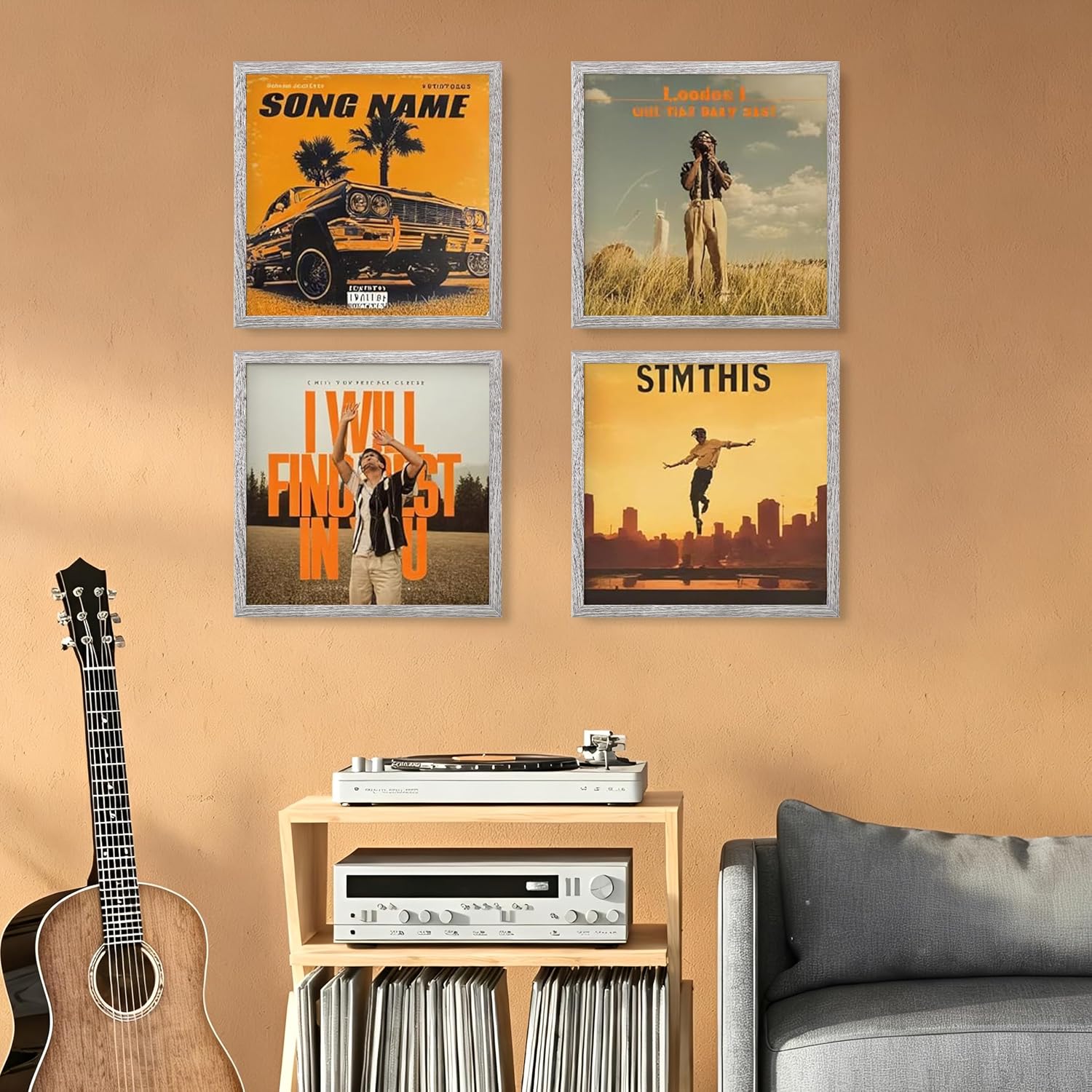 eletecpro Vinyl Record Frame, 12.5x12.5, Grey, 4 Pack | Fits 12x12 LP and Album Cover, Easy Wall Mount, Acrylic Cover