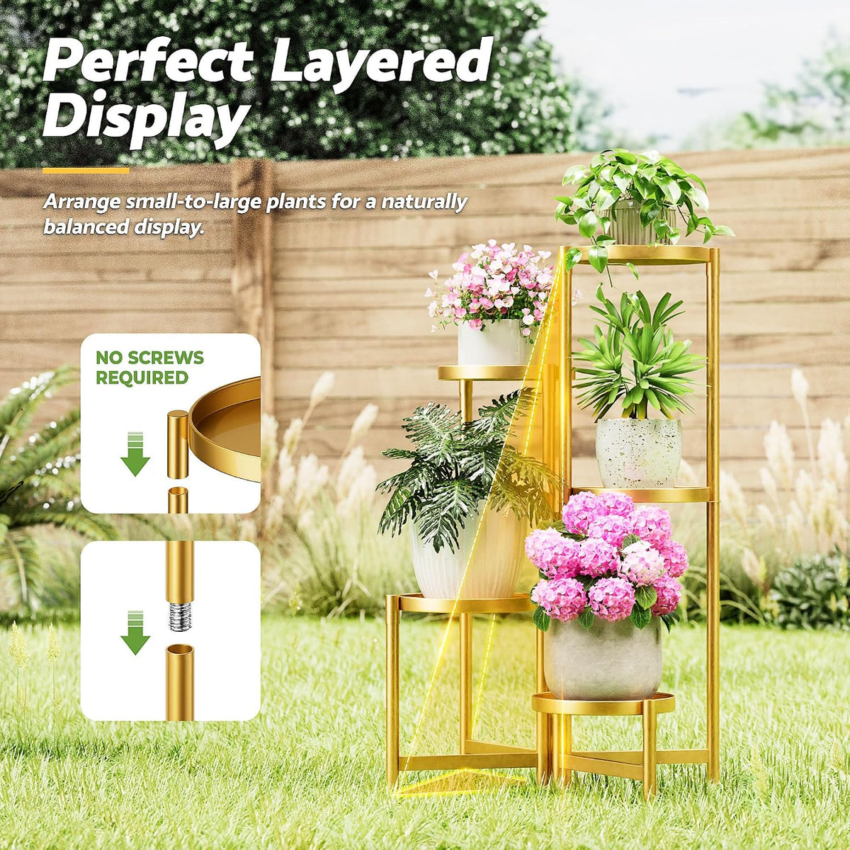 Gold Stand Plants, 5 Tiered Plant Stand Indoor for Multiple Large Planter, Tall Heavy Duty Adjustable Folding Rack with