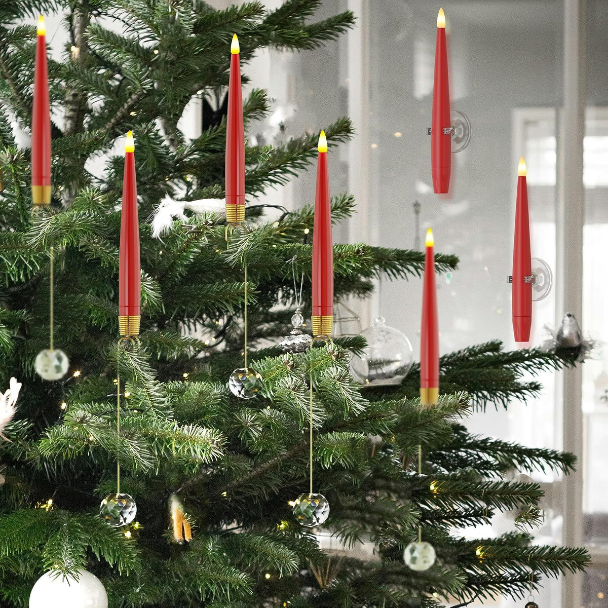 JOIONE Red Christmas Tree Candles, 12 Pcs Crystal Ball Tree Hanging Decor | Battery Operated, Remote Control, Crystal