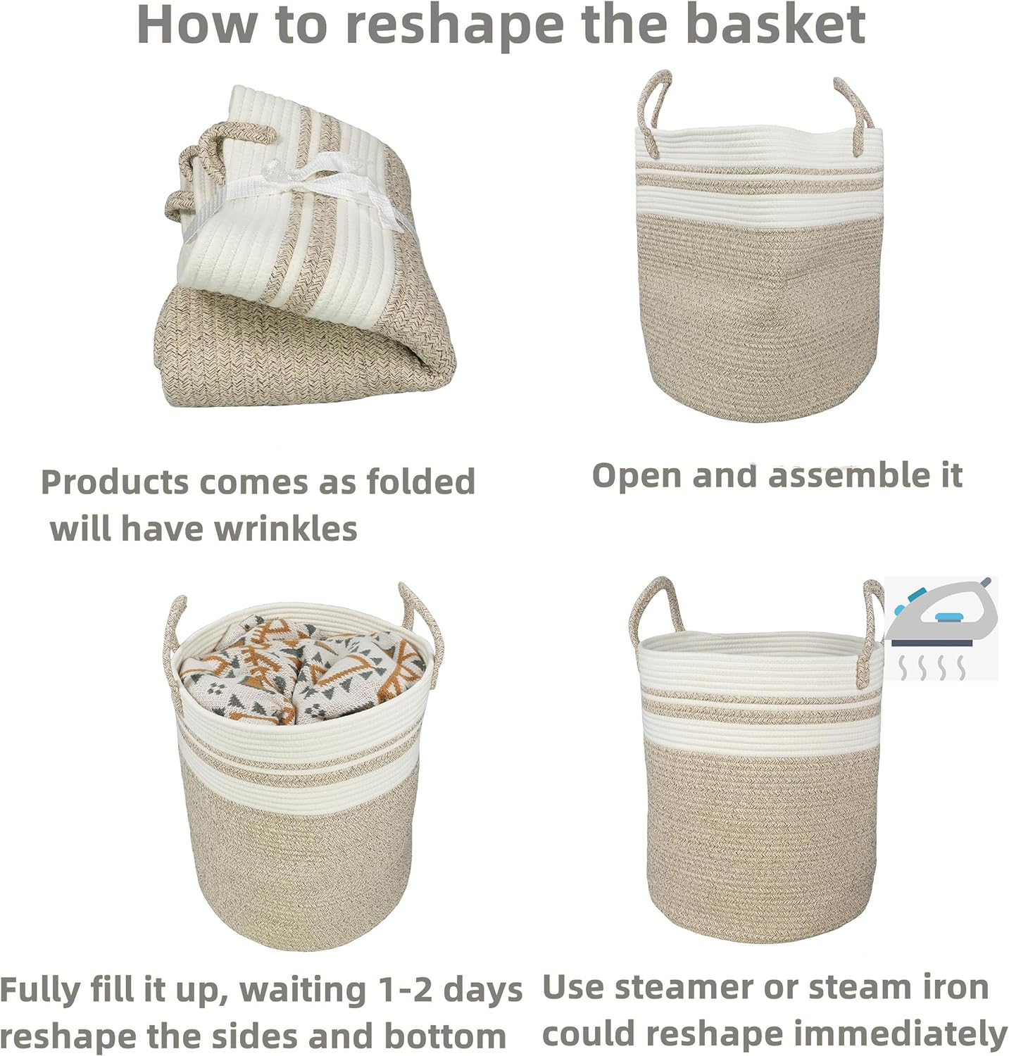 Cotton Rope Laundry Basket Hamper for Clothes Woven Storage Basket / Regular / Brown and White