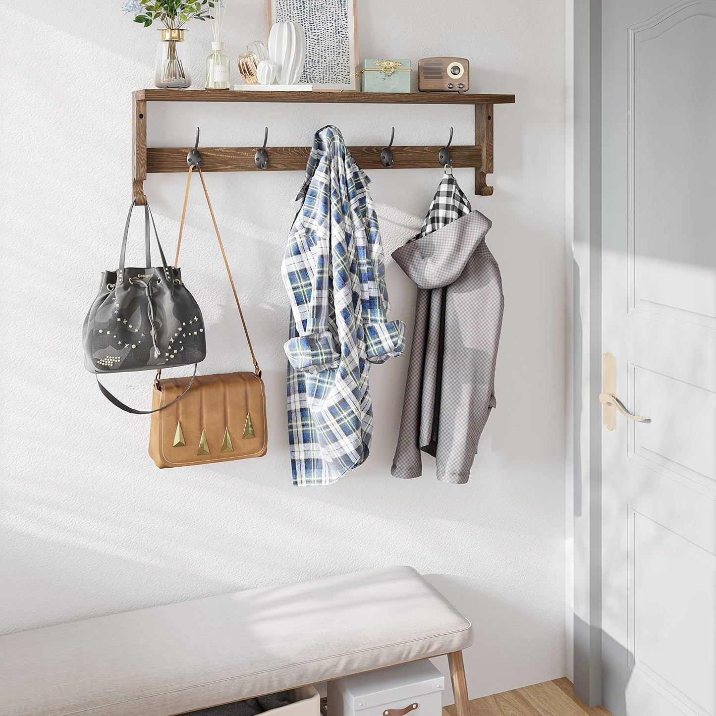 AMBIRD Coat Rack Wall Mount with Shelf, 28.9 Inches Coat Hooks Wall Mounted with 5 Hooks, Wall Hat Hooks for Hanging in