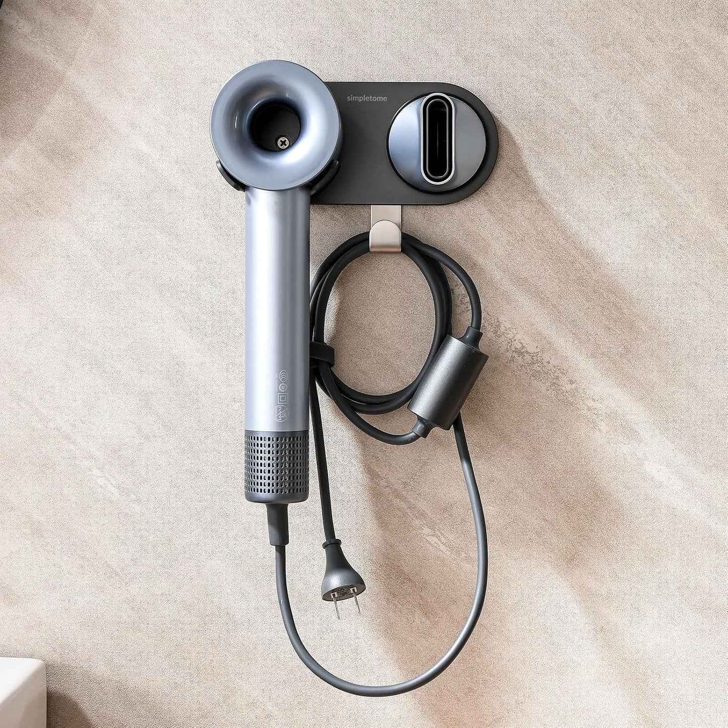 Magnetic Hair Dryer Holder Wall Mount for Most High Speed Blow Dryer | strong POM plastic, dark gray | with plug cord