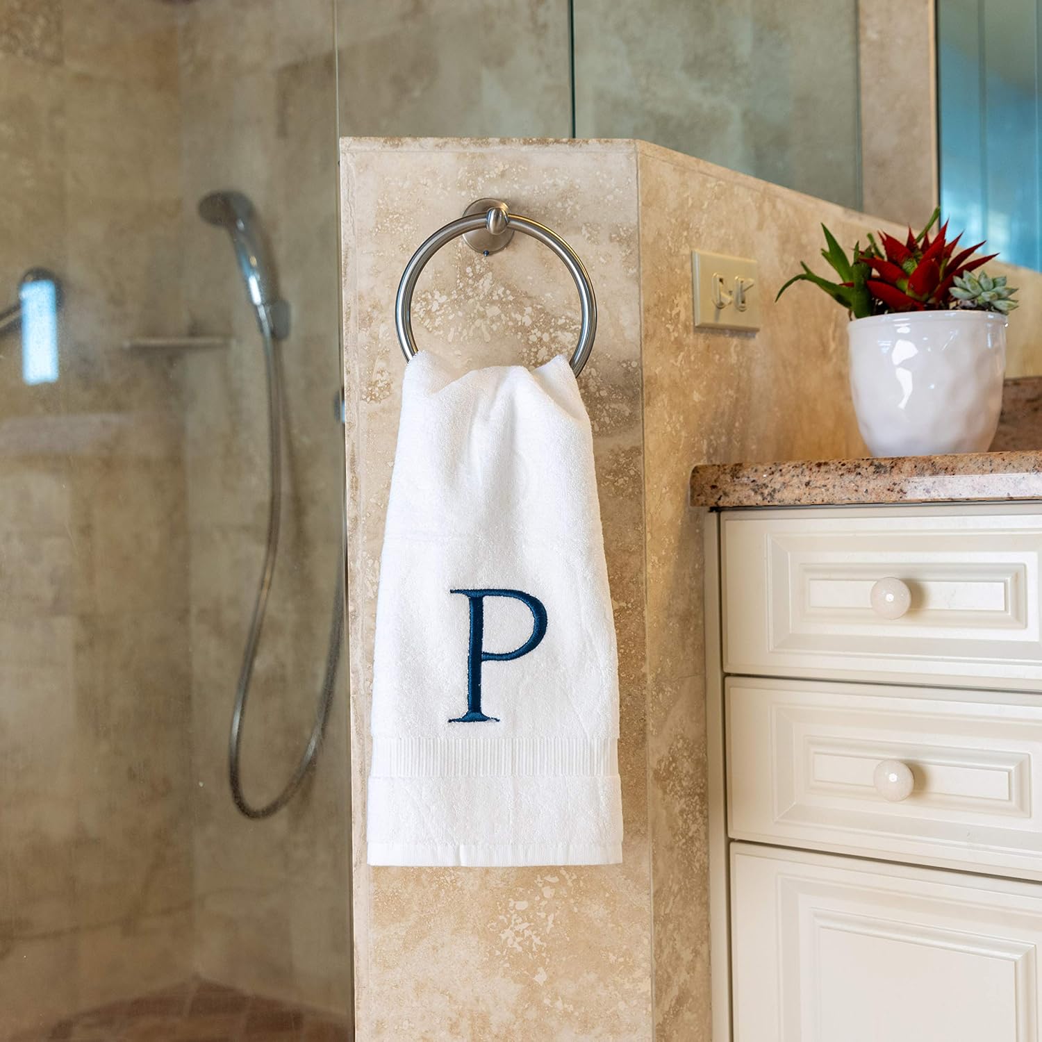 White with Navy Monogrammed Hand Towels for Bathroom - Set of 2 Letter P | Luxury Hotel Quality Initial Towels For