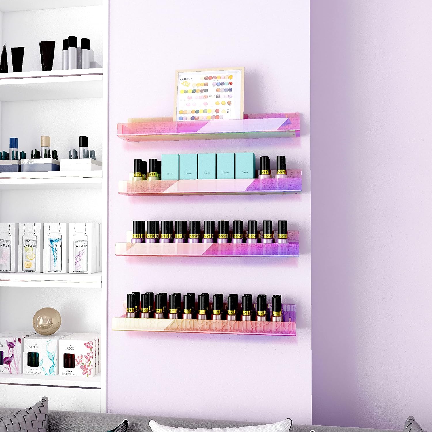 8 Pack 15 Inch Iridescent Acrylic Floating Wall Shelves, Rainbow Shelves | Modern Display Shelf for Sunglasses, Oils