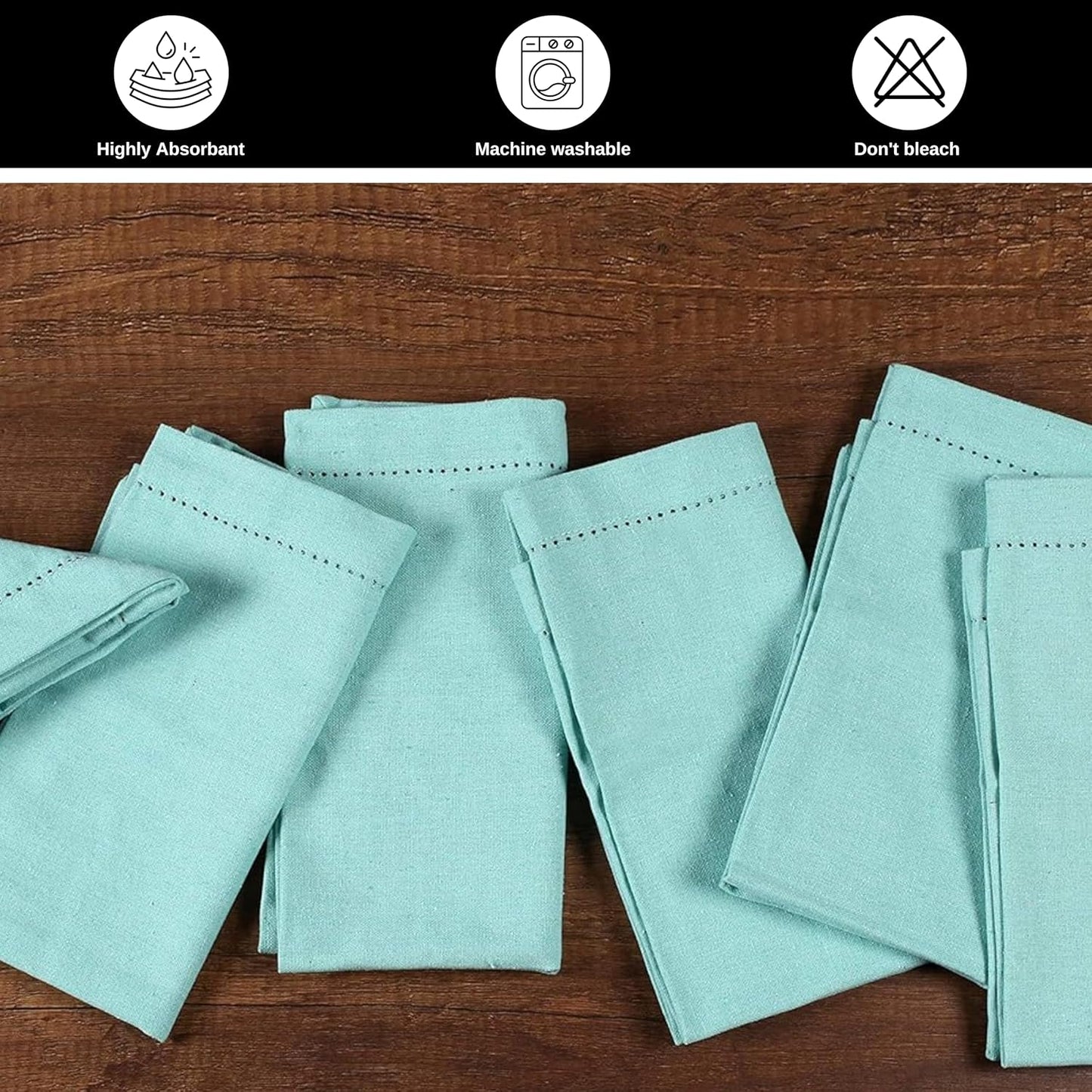 Bedding Craft Cotton Cloth Dinner Napkins Set of 12 – 18x18 Aqua with Hemstitched Mitered Corners – Reusable Machine