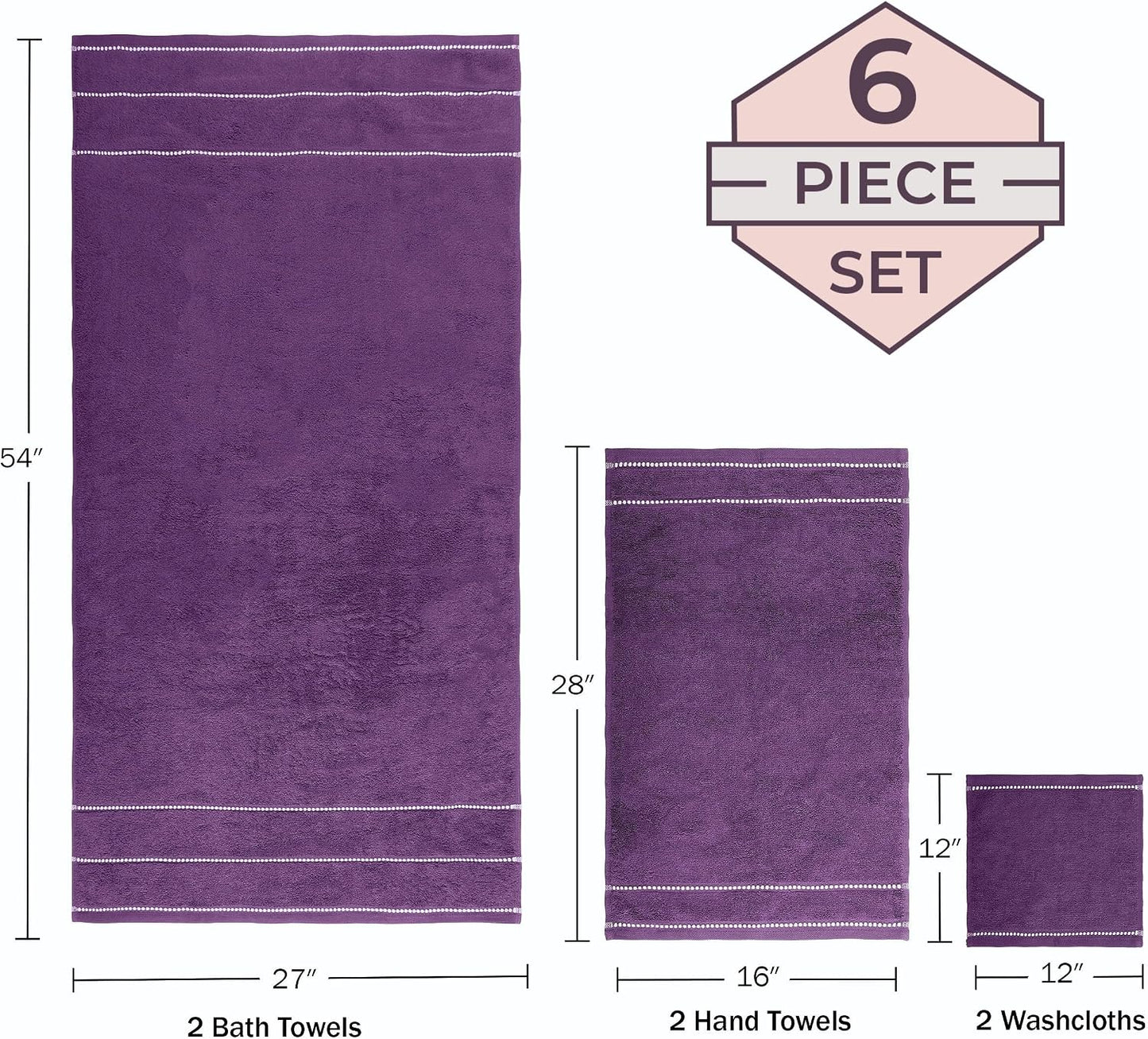 Lavish Home 6 Piece Bathroom Towels Set - 525GSM 100% Cotton Bathroom Essentials - 2 Bath Sheets, 2 Hand Towels, and 2