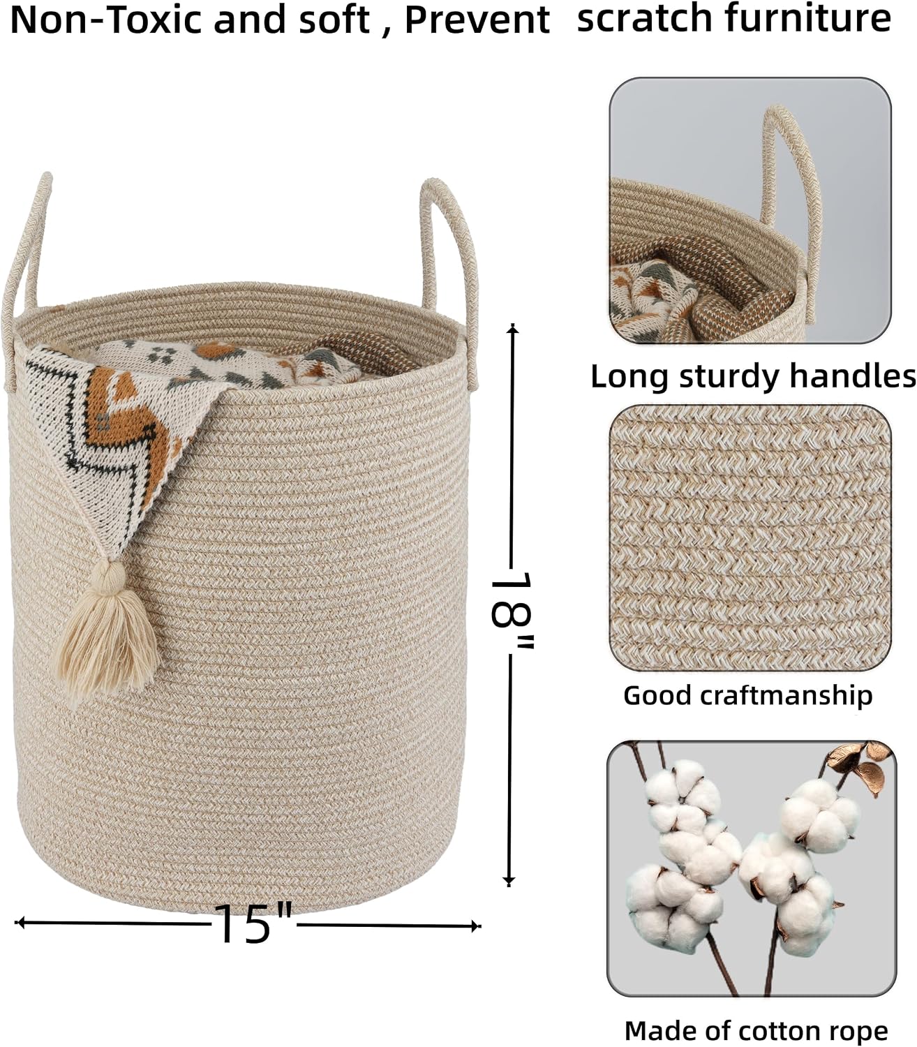 Cotton Rope Laundry Basket Hamper for Clothes Woven Storage Basket / Oatmeal / Regular