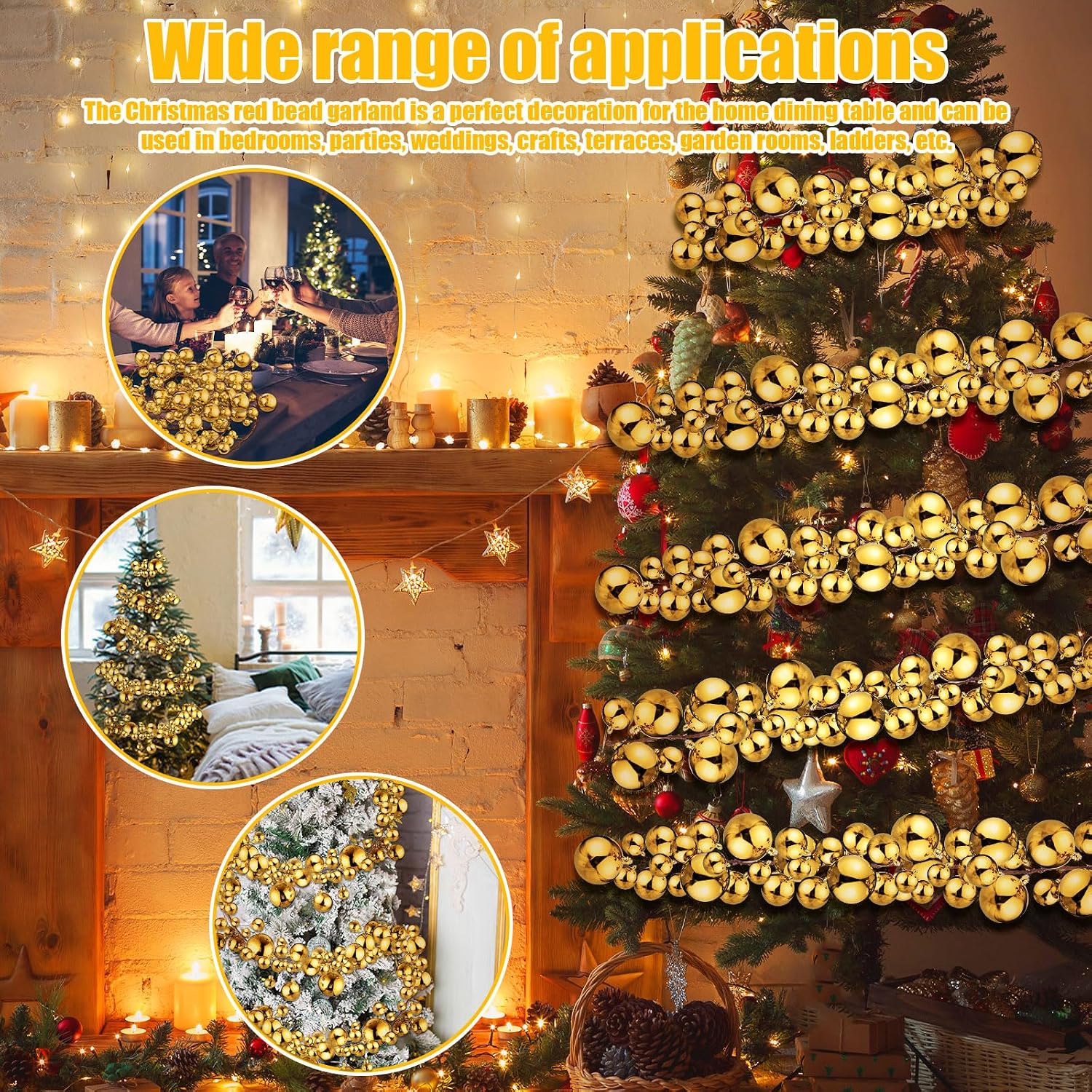 2 Pcs 6 ft Christmas Ball Ornament Garland, Gold | Bauble Bulb Christmas Tree Ball Decoration Shatterproof Ornaments