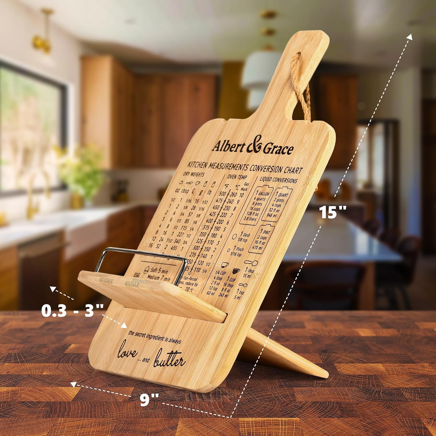 Albert&Grace Adjustable Bamboo Cookbook Stand with Conversion Chart | Recipe Book Holder for Kitchen Counter, Large