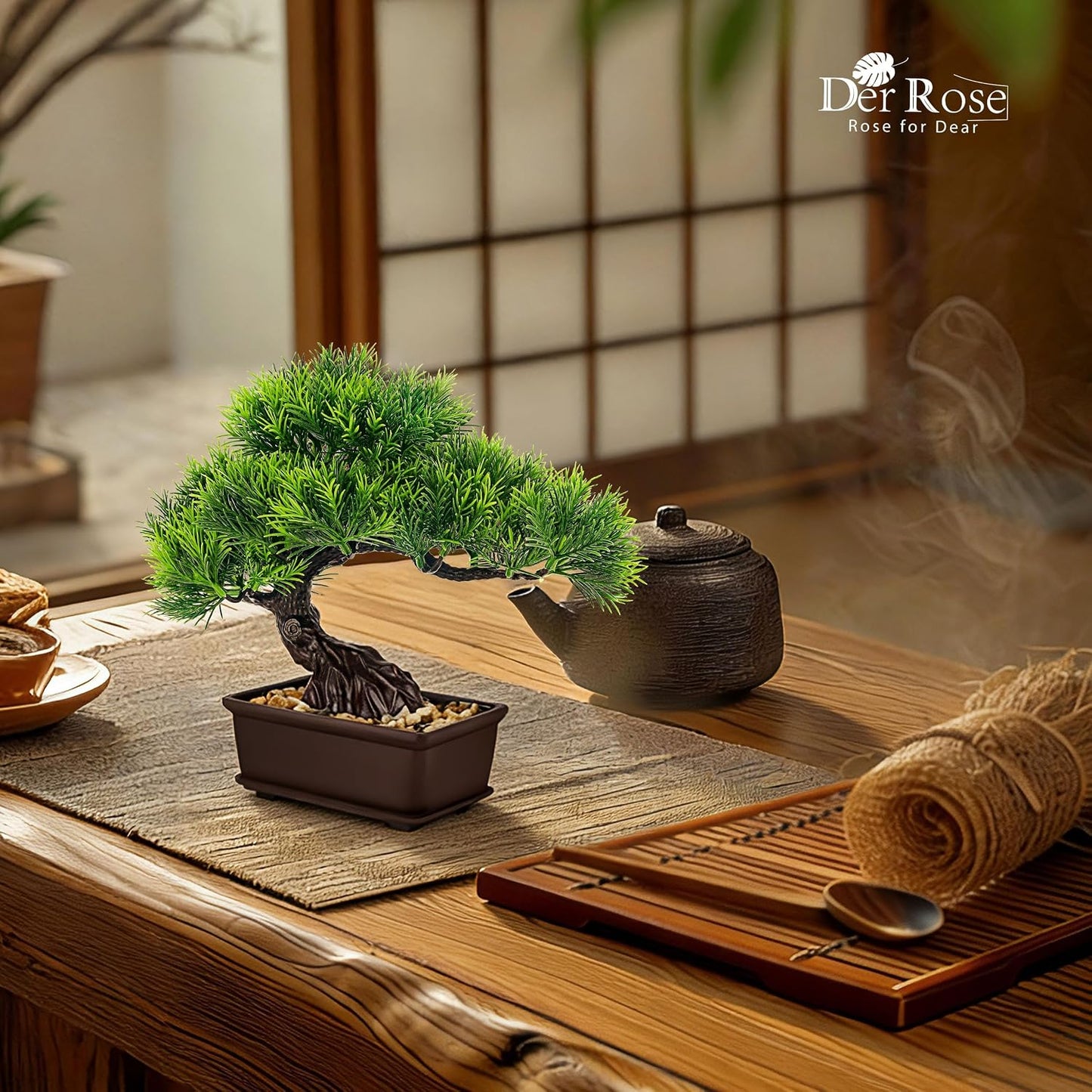 Small Fake Plants Artificial Bonsai Tree Set Ficus and Cedar / Square Pot Bonsai / Set of 2