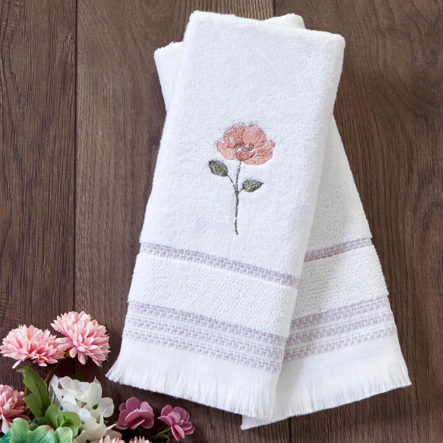 SKL Home Misty Floral Hand Towel Set-2pc, Premium 100% Cotton, White | 600 GSM weight. Spa-level quality. Soft &