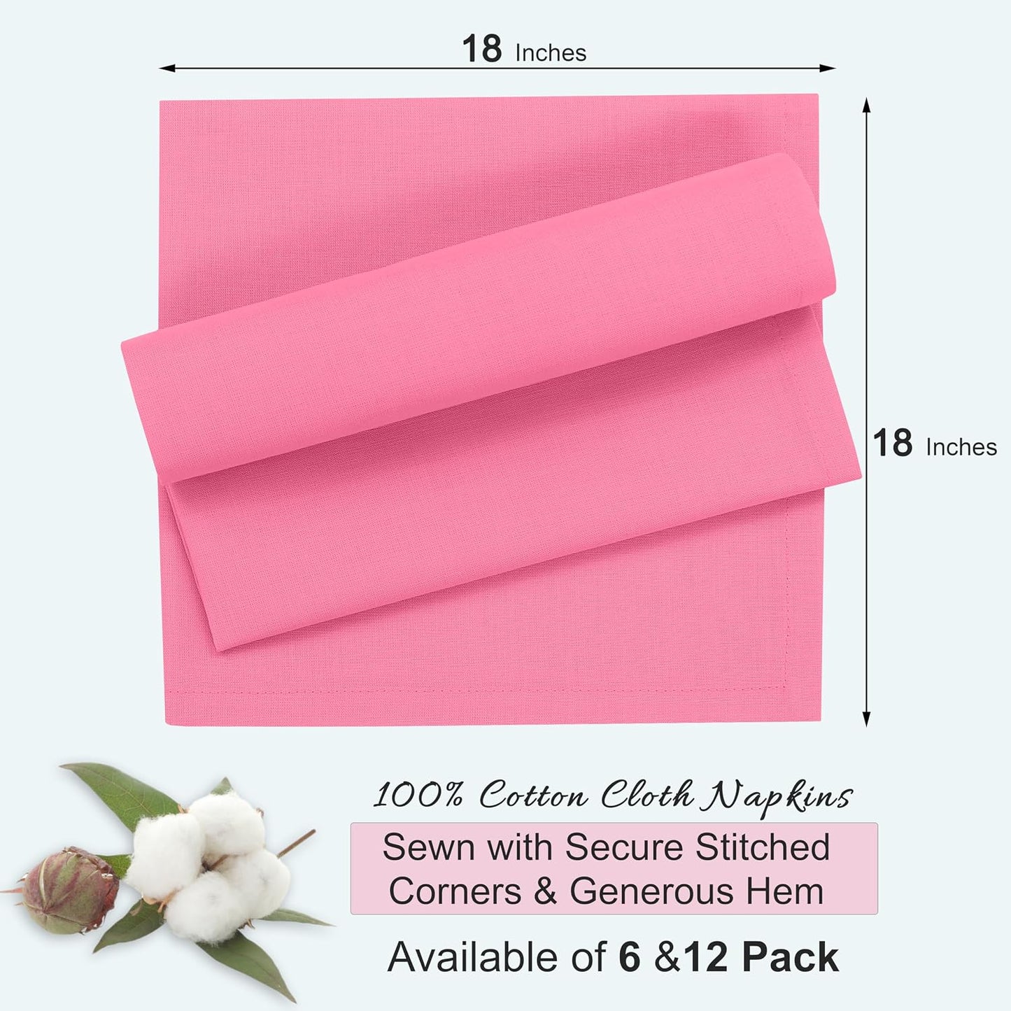 Ruvanti Cloth Napkins Set of 12, 100% Cotton 18”x18” - Pink | Washable, Soft, Durable & Absorbent Everyday Napkins. For