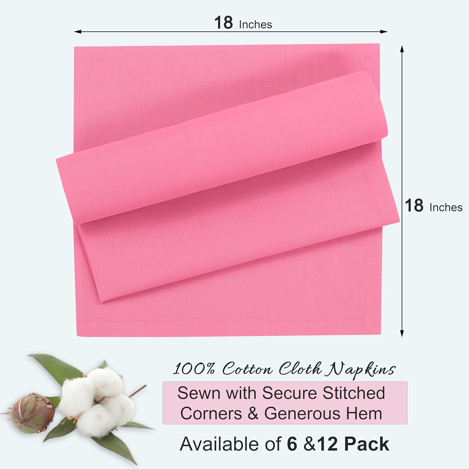 Ruvanti Cloth Napkins Set of 12, 100% Cotton 18”x18” - Pink | Washable, Soft, Durable & Absorbent Everyday Napkins. For