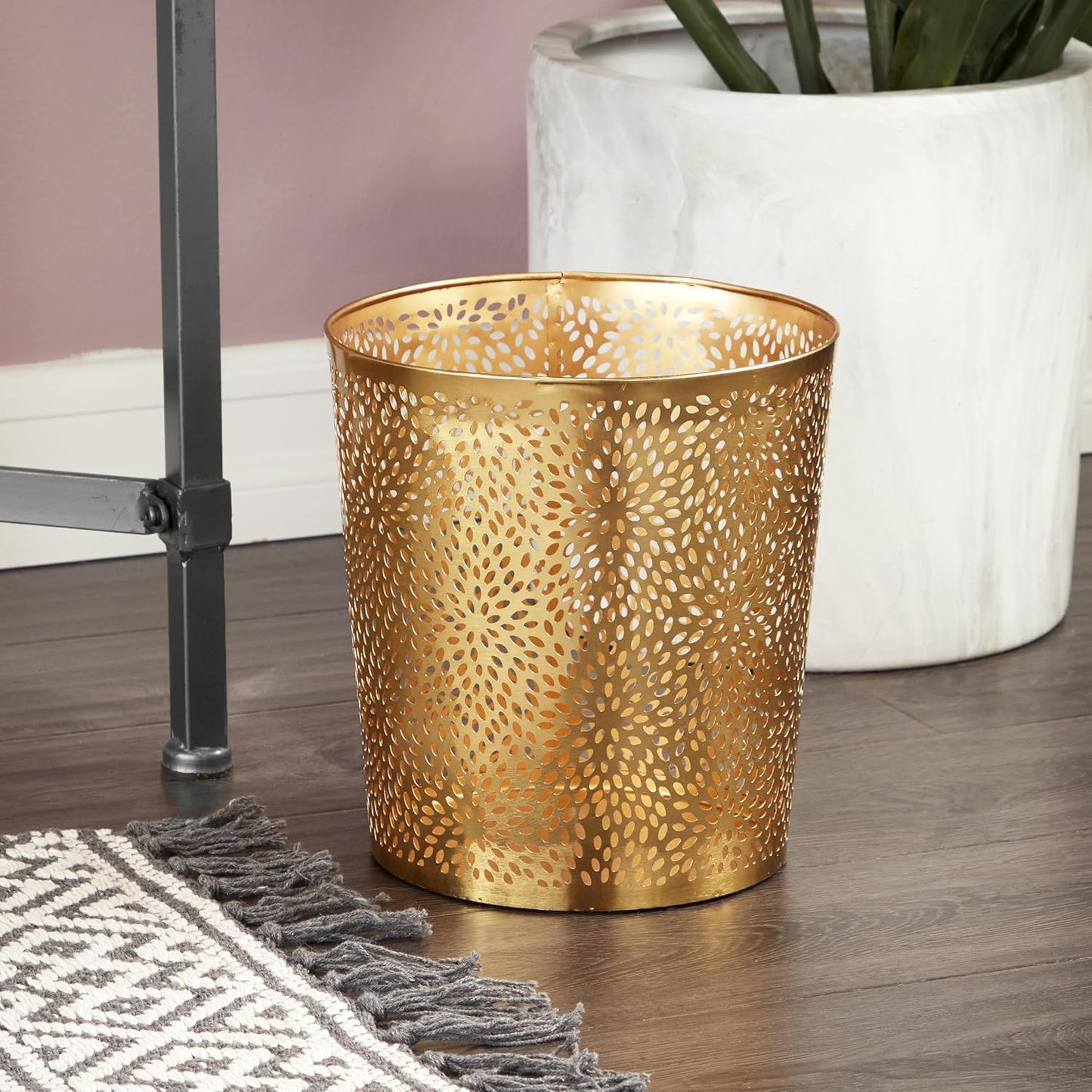 CosmoLiving Metal Floral Small Waste Bin, Trash Can 9" x 9" x 10", Gold | Office Bathroom Floral Waste Basket With