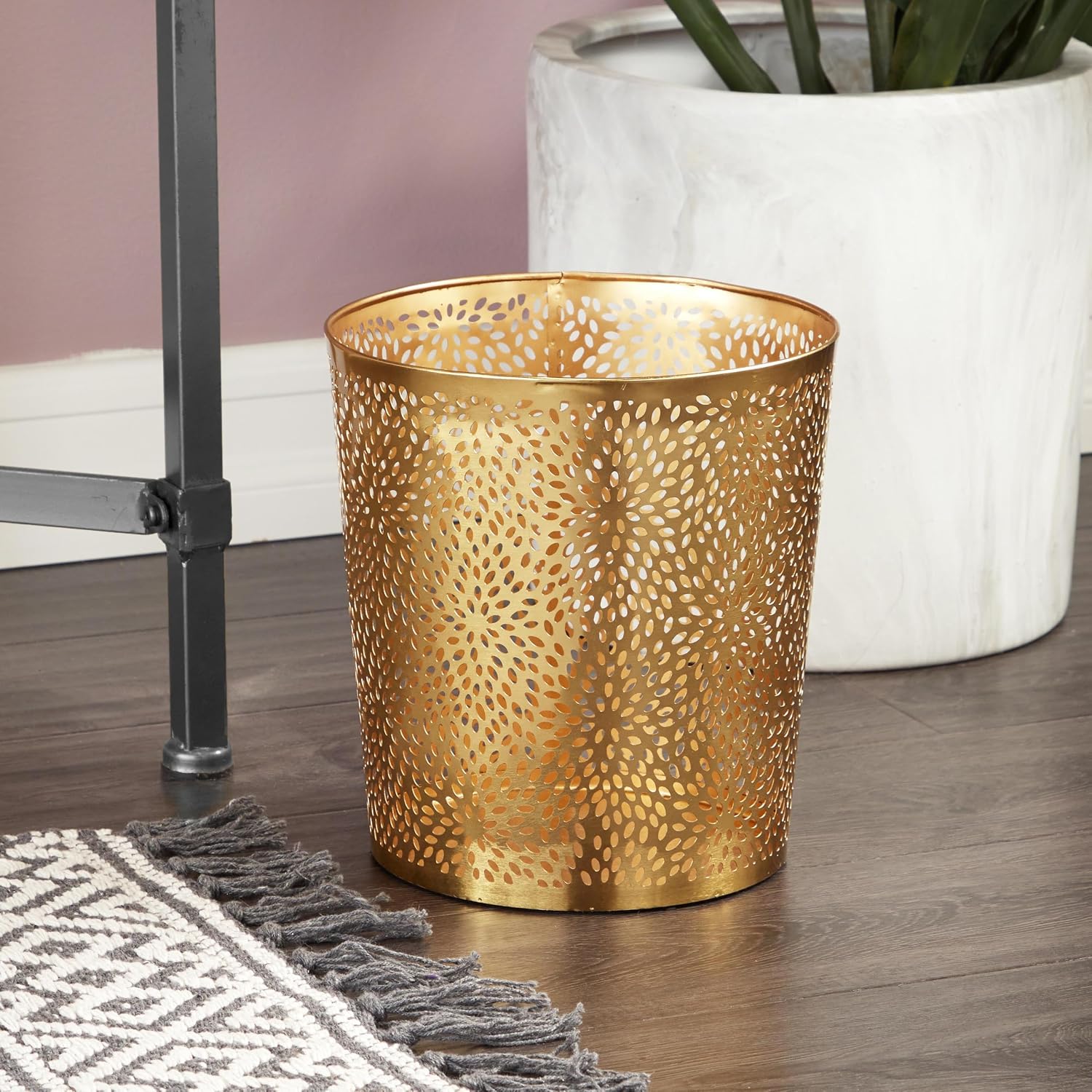 CosmoLiving Metal Floral Small Waste Bin, Trash Can 9" x 9" x 10", Gold | Office Bathroom Floral Waste Basket With