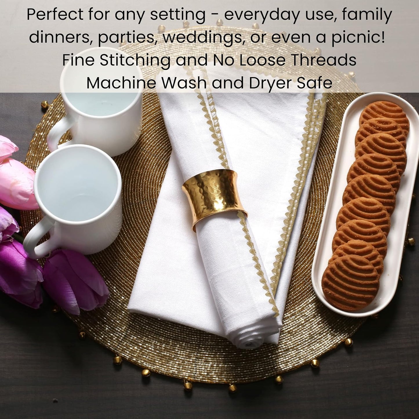 Cloth Napkins with Trim - Everyday Use Table Dinner Napkins - Soft Durable Washable - Ideal for Dinner Party Wedding