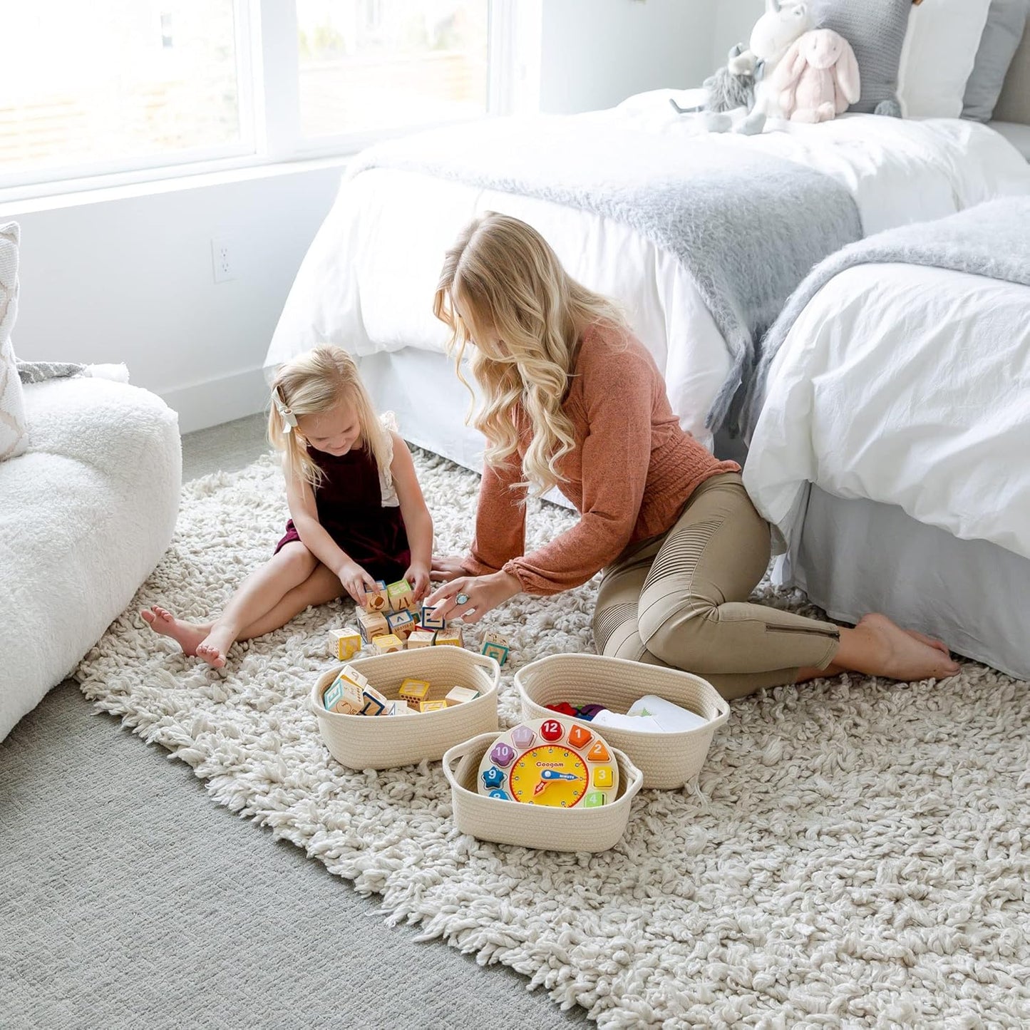 5-Piece Rectangle Storage Basket Set- Natural Cotton Rope Woven Baskets for Organizing! / Beige