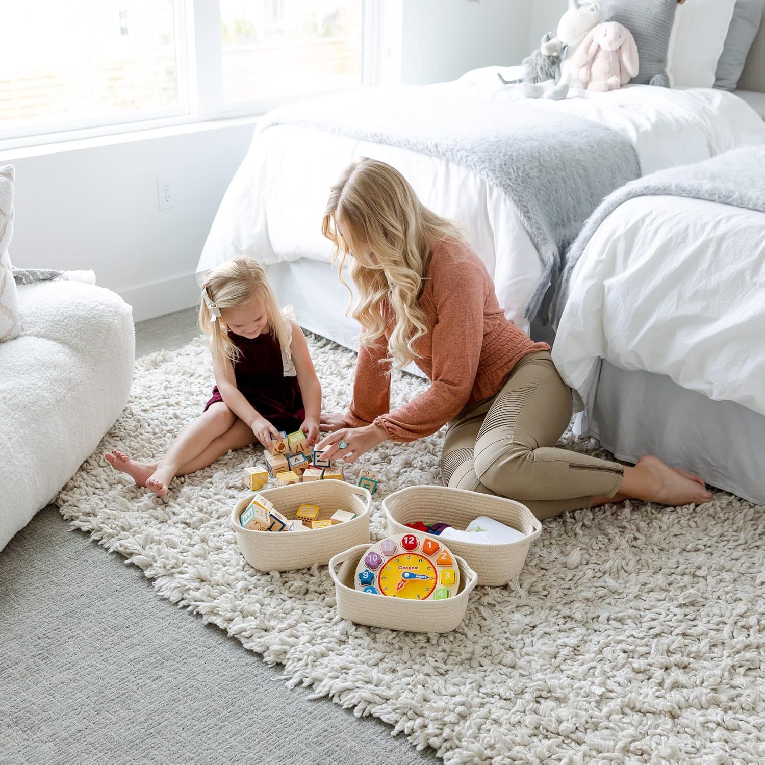 5-Piece Rectangle Storage Basket Set- Natural Cotton Rope Woven Baskets for Organizing! / Beige