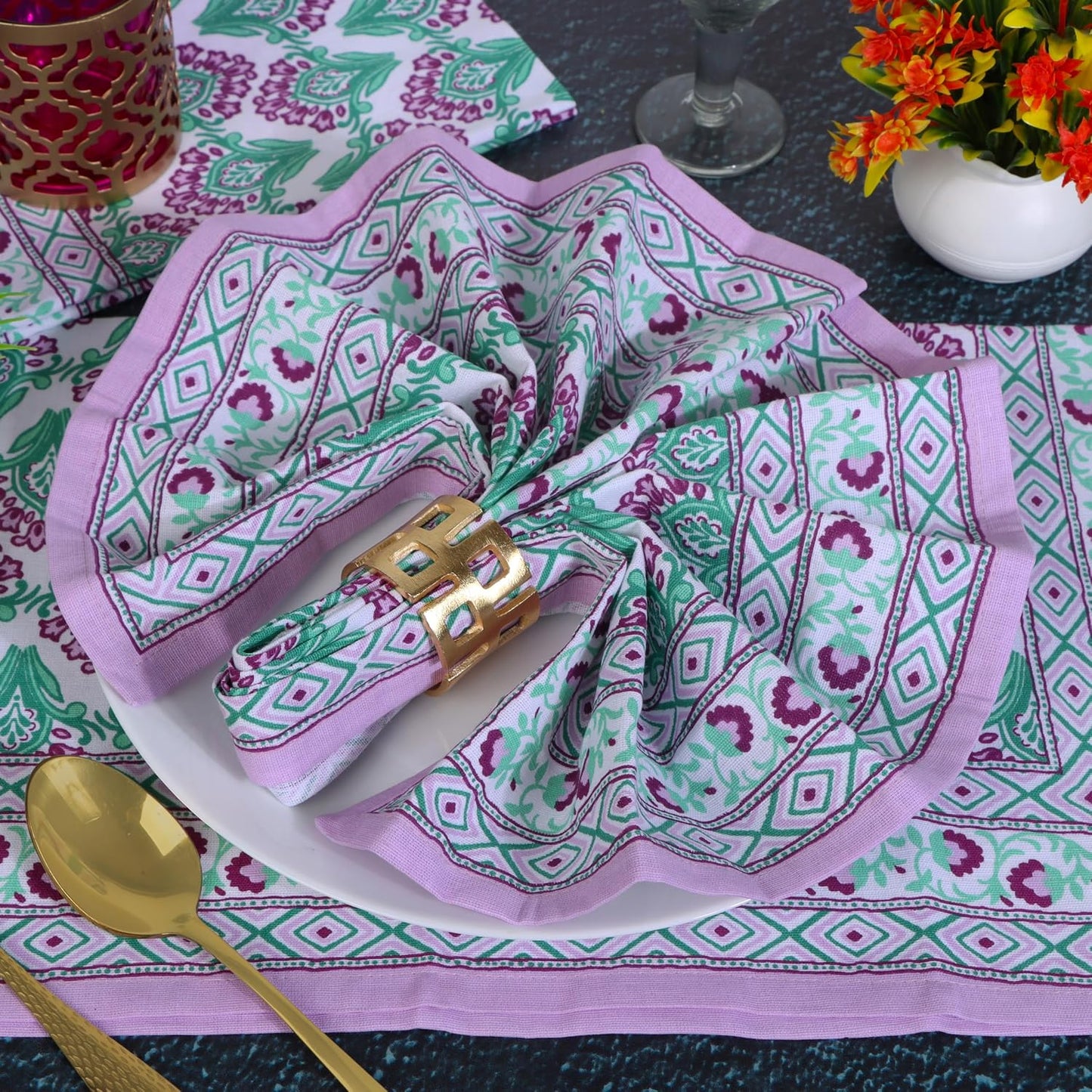 FINGERCRAFT Cloth Napkins Set of 12 Cotton Linen, 20x20 Inch Border Orchid | Mitered corner, washable, soft, absorbent