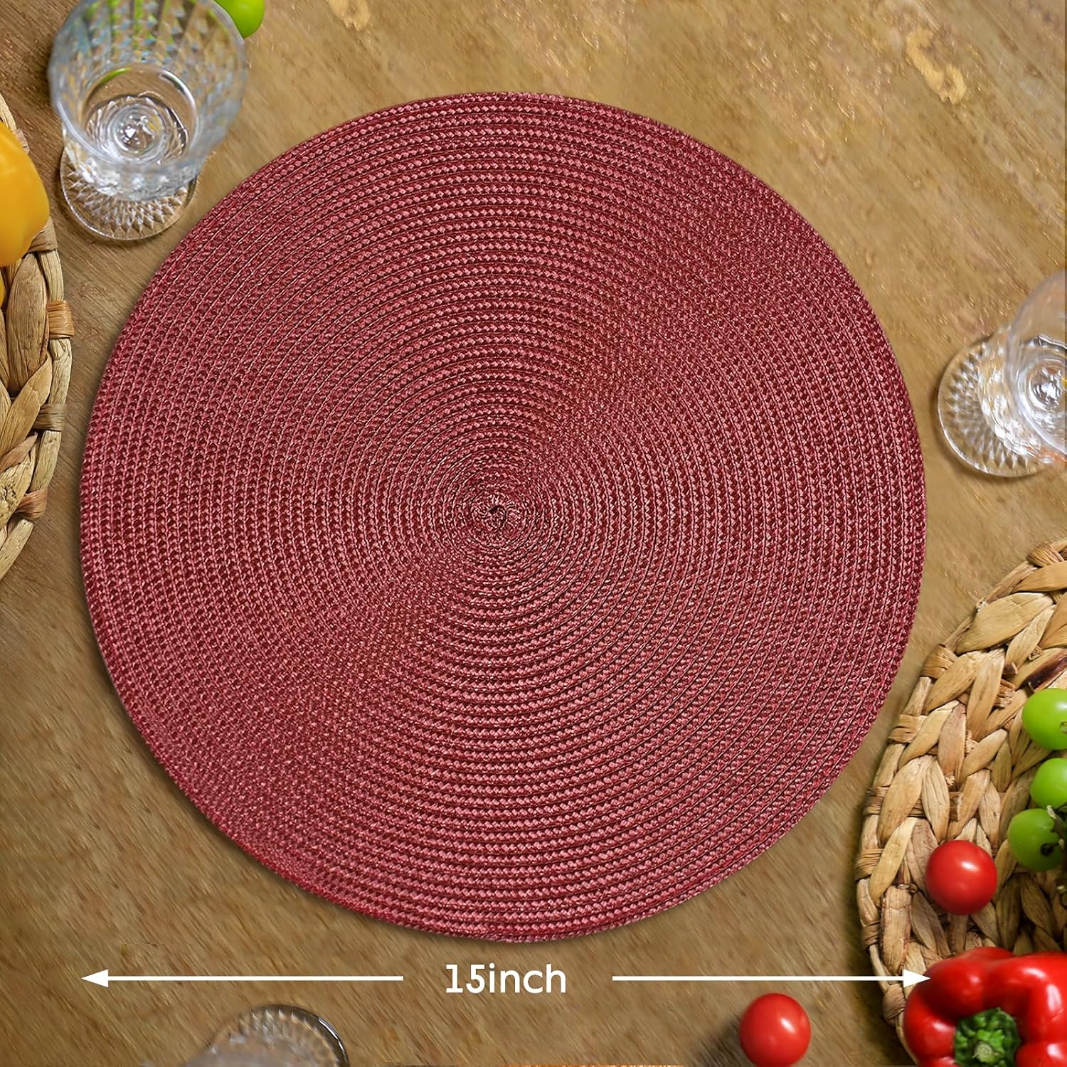 FunWheat Round Braided Placemats Set of 8 Table Mats for Dining Tables Woven Washable Non-Slip Place mats 15