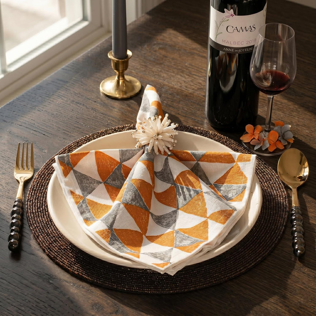 FINGERCRAFT Cloth Napkins Set of 12 Cotton Linen, 20x20 in, Terracotta Geo | Mitered corner, washable, soft, absorbent
