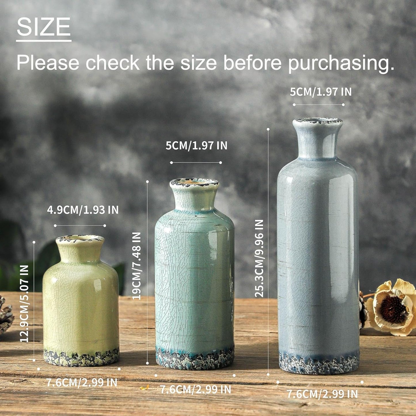 Ceramic Neutral Vases Home Decor / 007 Rustic - Blue / Set of 3