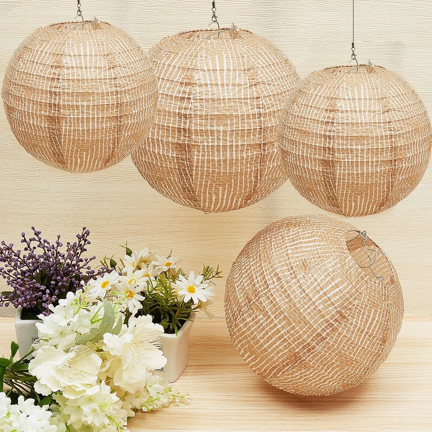 Print Burlap Paper Lanterns Round Chinese Paper Lanterns Farmhouse Boho / 8/10 Inch / Set of 6