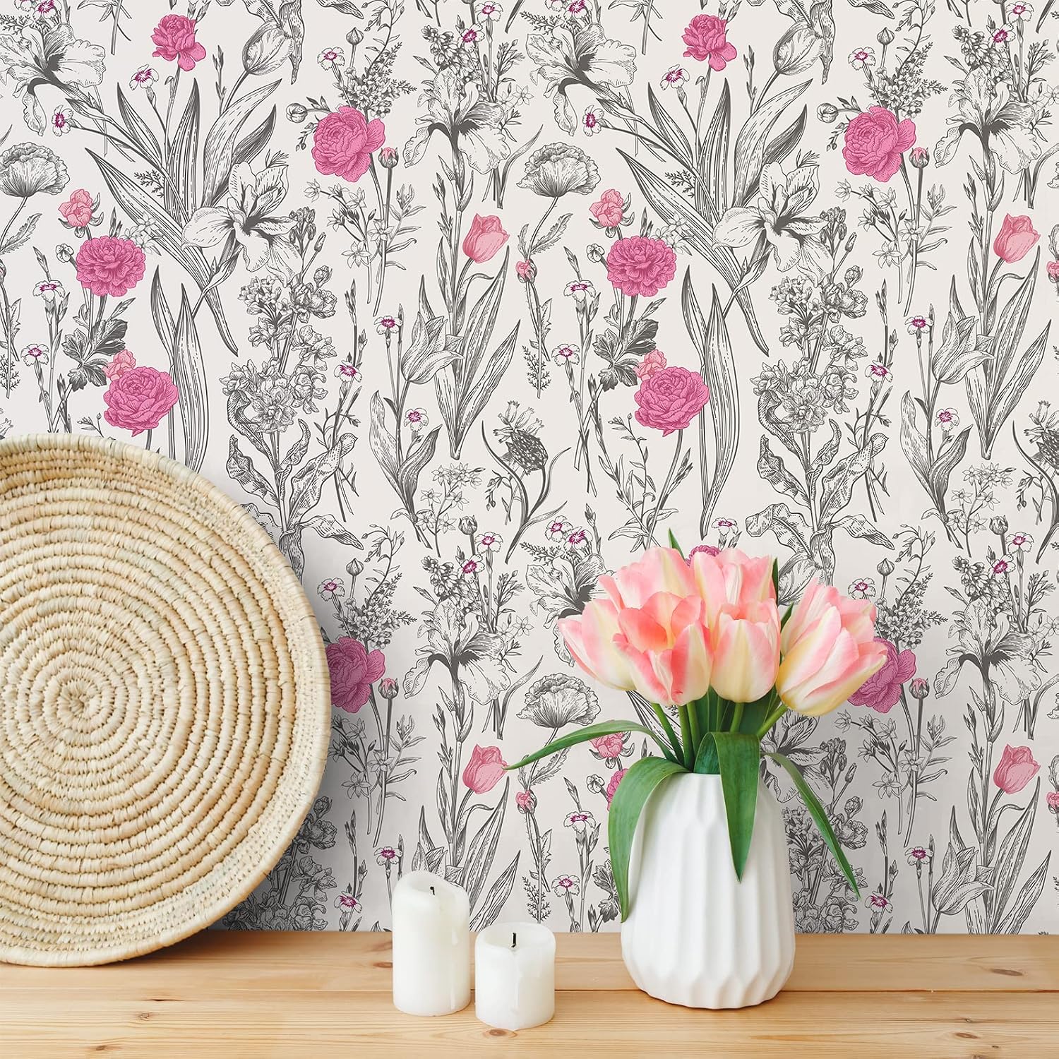 17.7''x354'' Grey Sketch Floral Wallpaper Vintage Pink Flower Peel / 17.7 x 354 / Grey, Pink