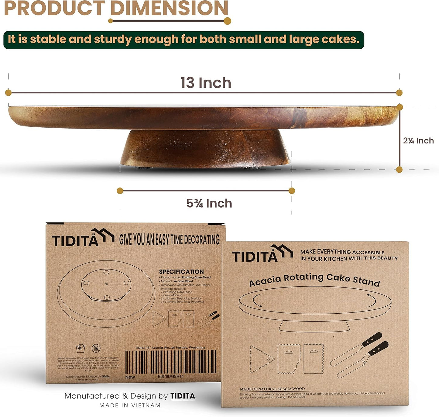 Rustic Wood Pedestal Stands Turntable / Acacia Wood / with 2 Icing Spatulas, 3 Smoothers