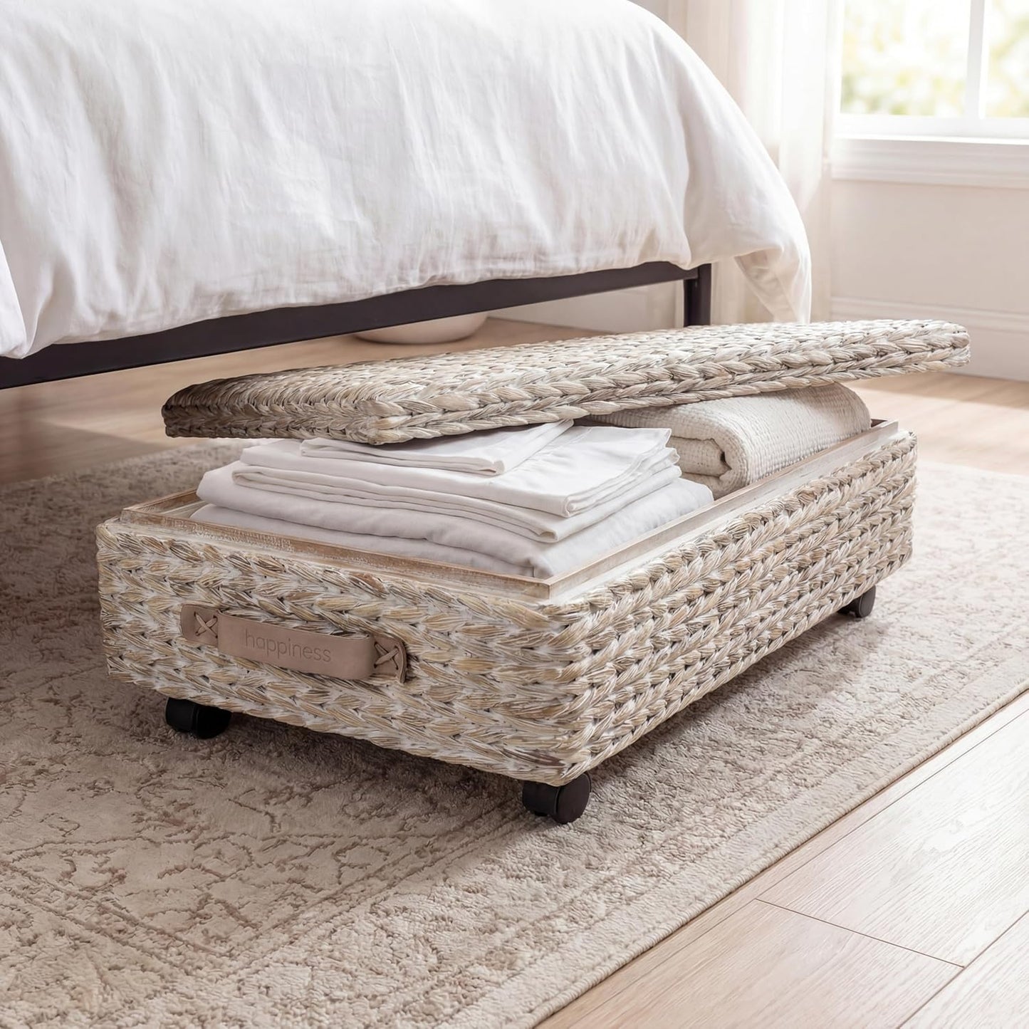 BSK1006C 26.38" Chett Minimalist Hand-Woven Hyacinth/Wood Underbed Storage Bin / White Wash