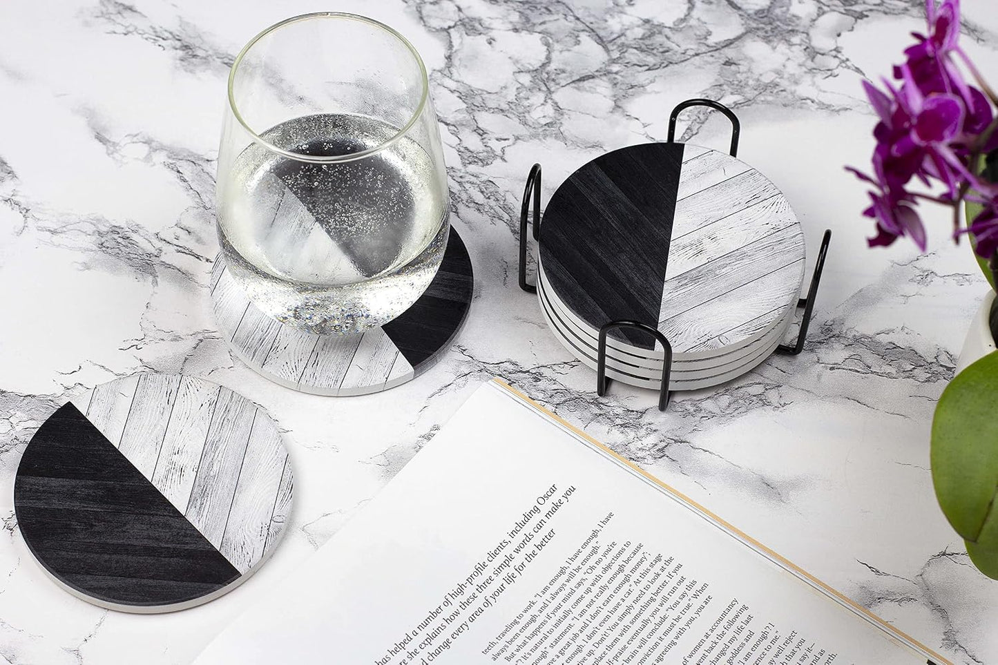 Ceramic Coasters for Drinks / Black & White Parquet Wood / Set of 6
