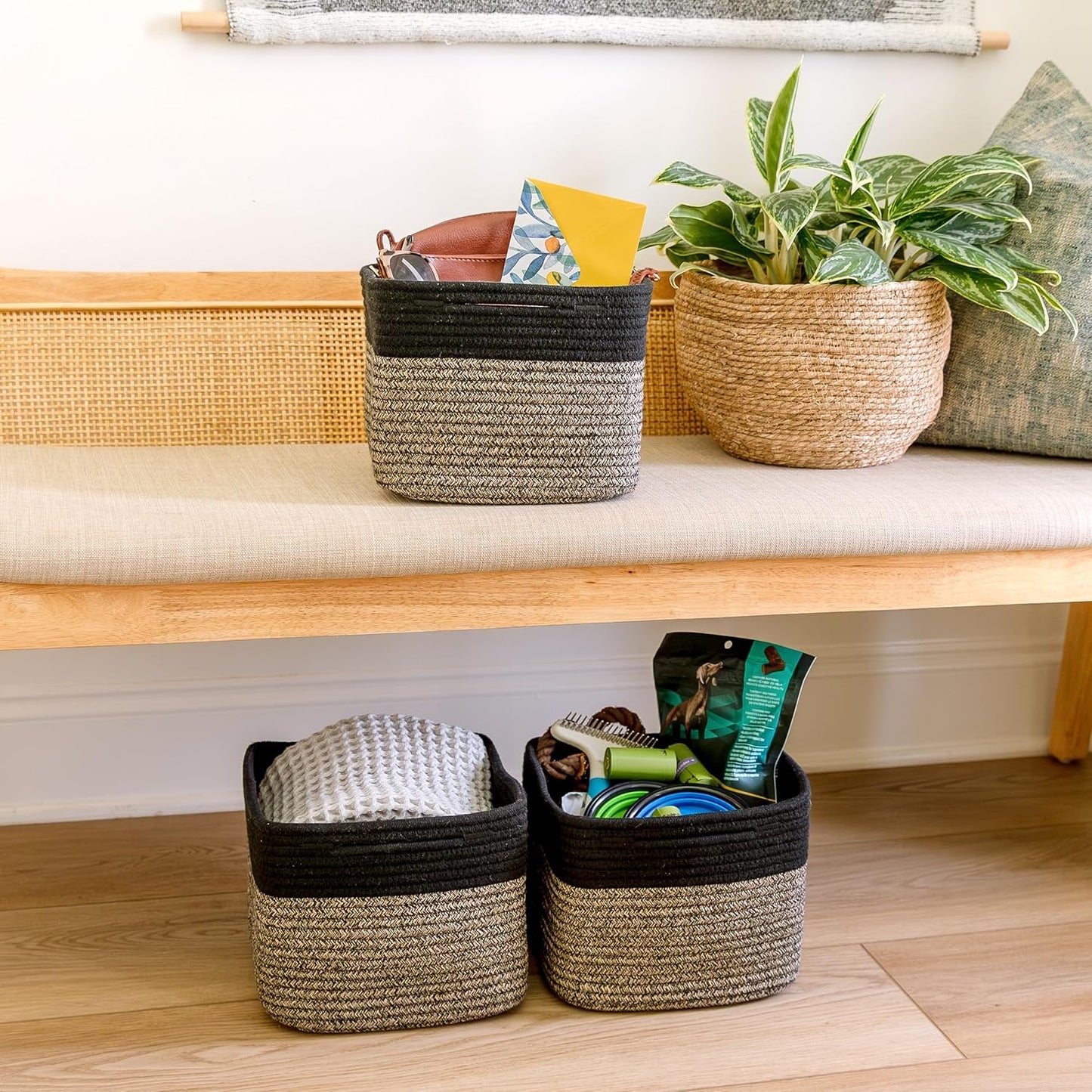 Storage Cubes "Cotton Rope Woven Baskets for Organizing / Black & Mixed Black / 9 x 9 x 7 / Set of 3
