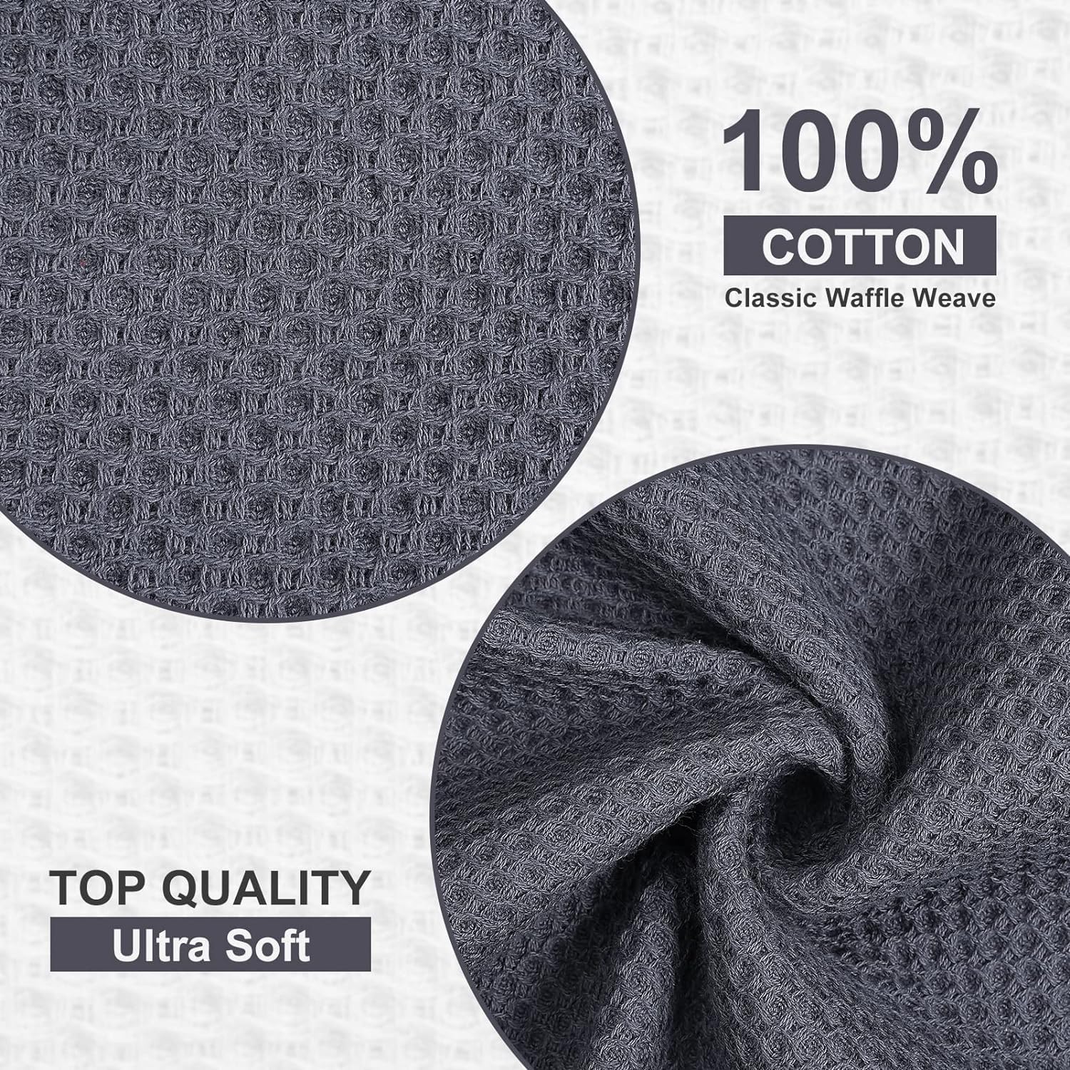 Kitinjoy 100% Cotton Waffle 4-Pack Kitchen Towels, 20" x 28", Dark Grey | Super Soft, Ultra-Absorbent, Fast Drying