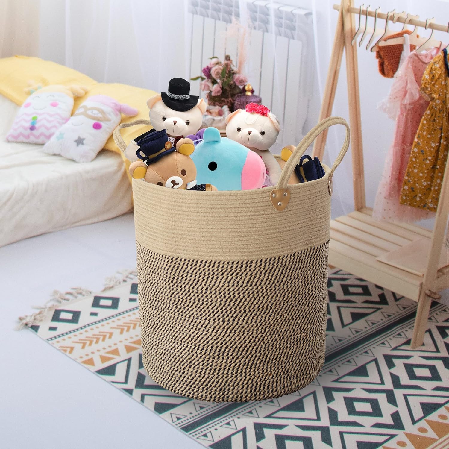 Jute Laundry Hamper Large Woven Rope Storage Basket / Jute/black Mix-18"wx20"h