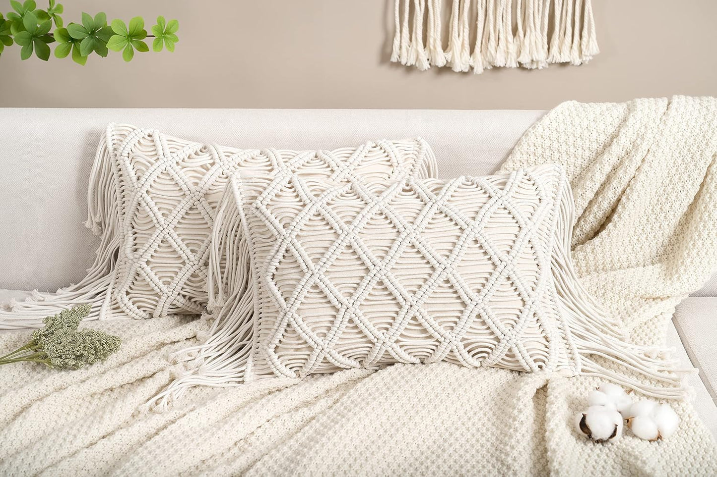 Macrame Lumbar Pillow Cover- Decorative Thorw Pillowcase Boho Tassel Cushion Covers / A / Set of 2