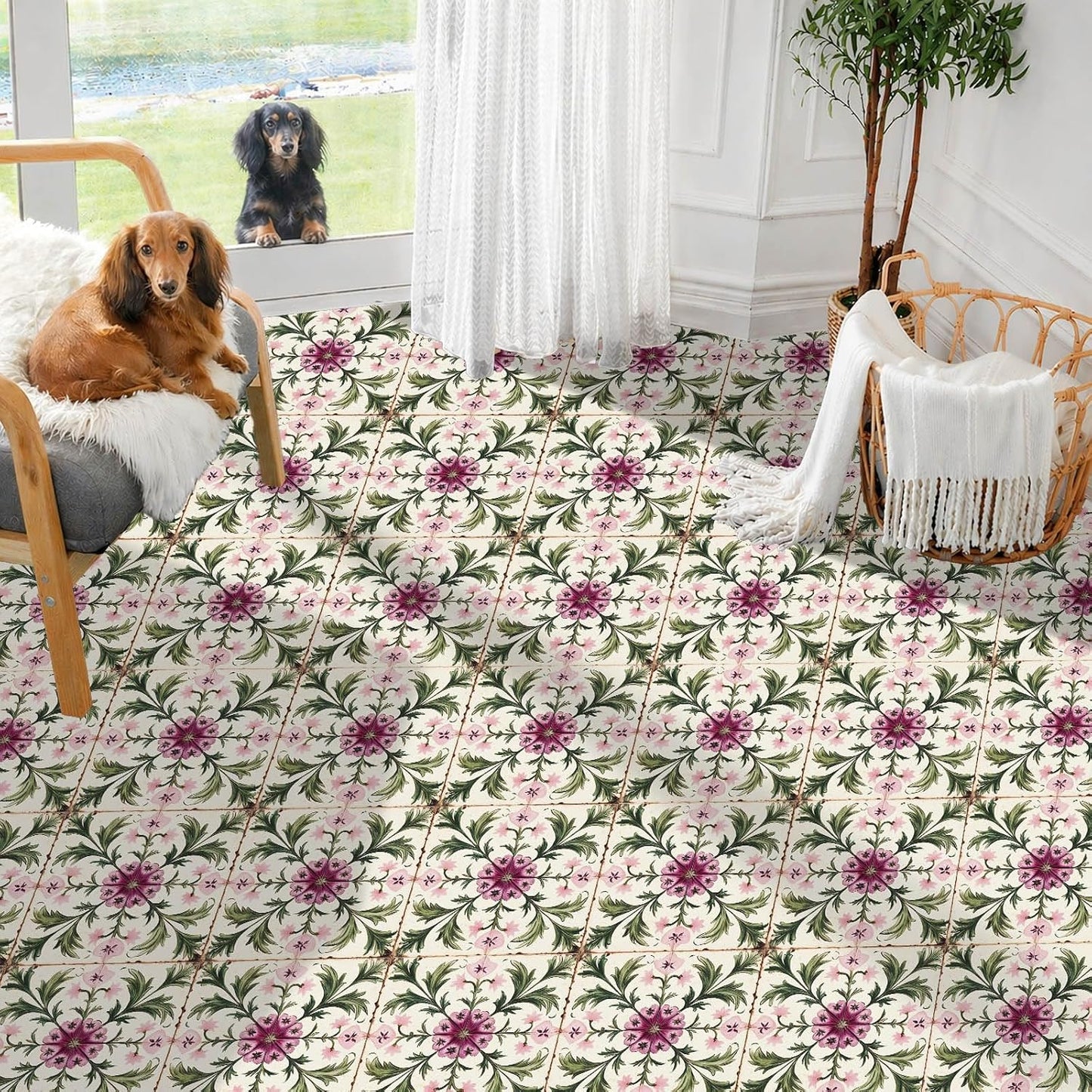 Vintage Peony Vine Pattern Peel and Stick Floor Tiles / 12 x 12 / Set of 10