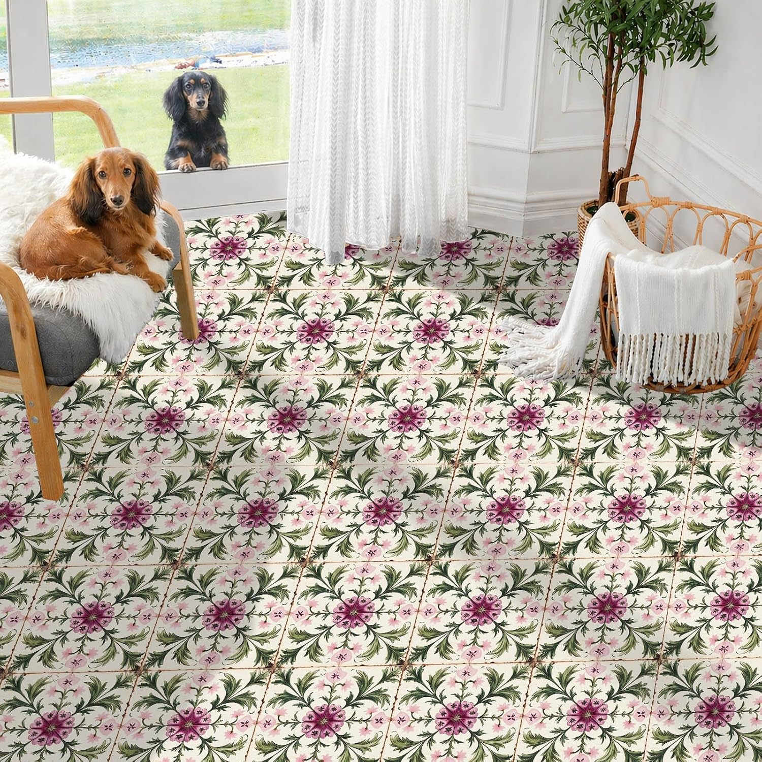 Vintage Peony Vine Pattern Peel and Stick Floor Tiles / 12 x 12 / Set of 10