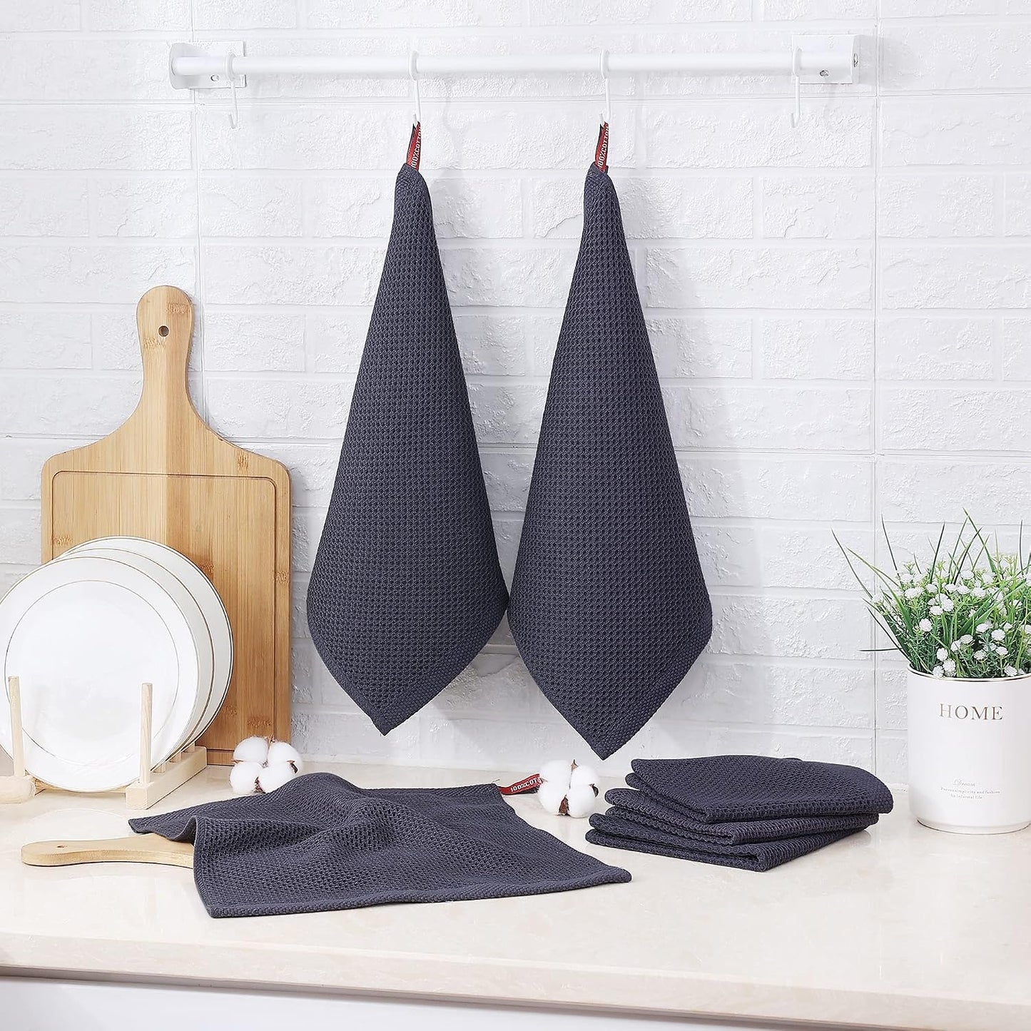 Kitinjoy 100% Cotton Waffle 12-Pack Kitchen Towels, 12" x 12", Dark Grey | Ultra Absorbent, Super Soft, lightweight