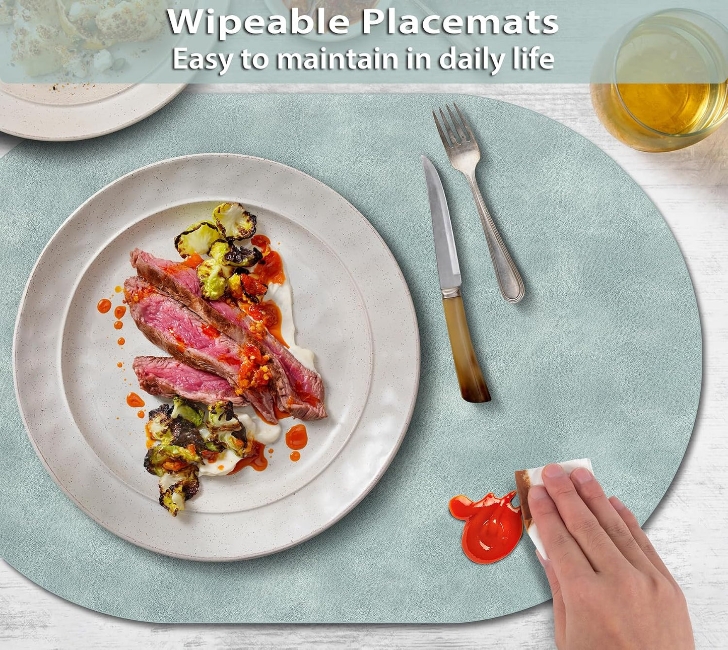 ADRIMER Placemats, Heat Resistant Oval Placemats Set of 12 Washable 12 x 17 Inch, Waterproof Table Mats, Wipeable Pu