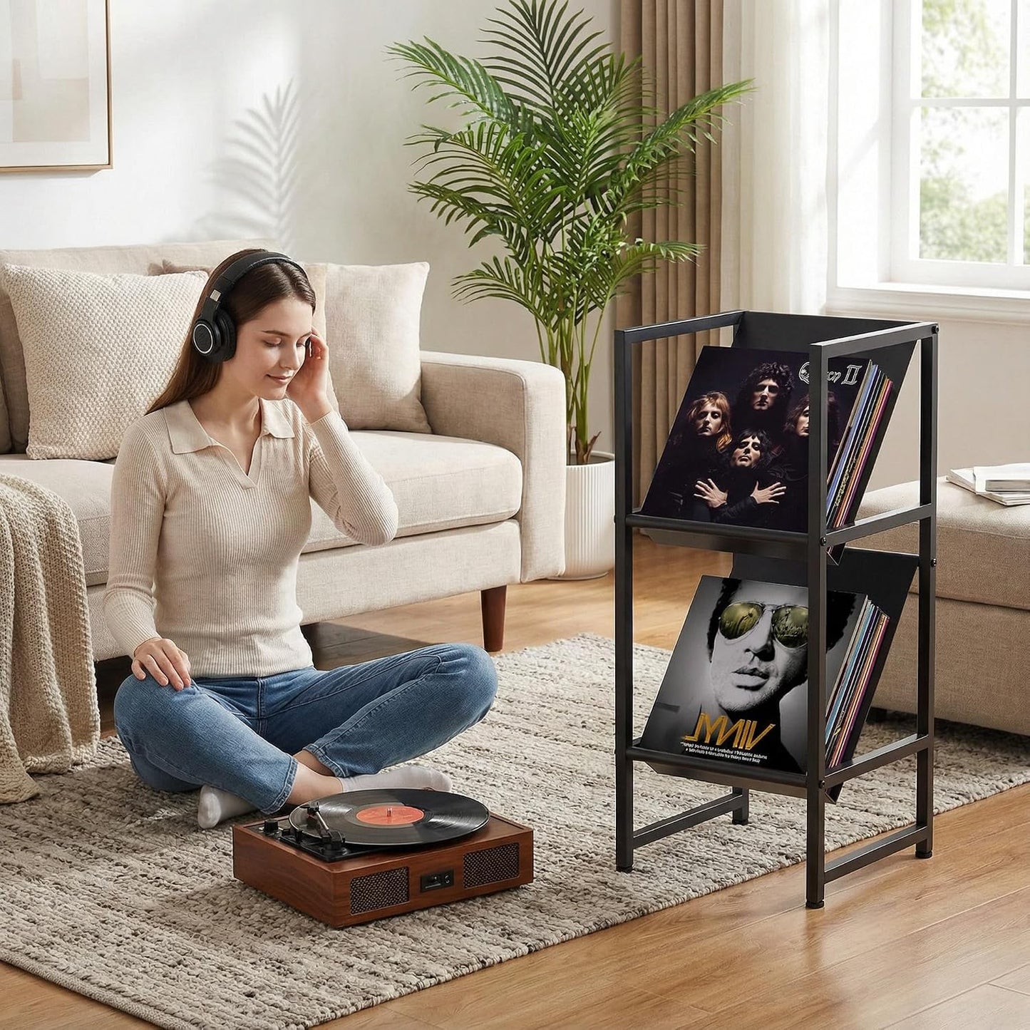 2-Tier Black Metal Vinyl Record Storage Holder for Collection | Conceptual Design, Sturdy Black Metal Frame, 2-Tier