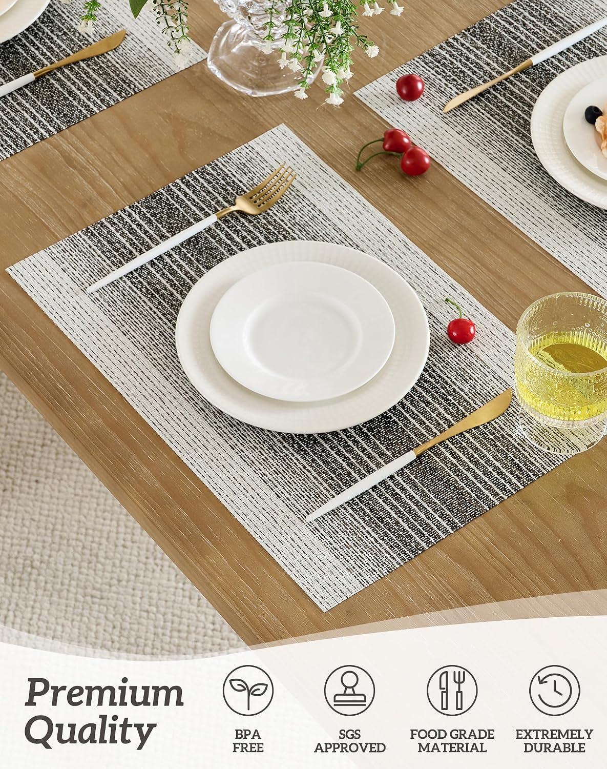 Leetaltree Woven Vinyl Placemats Set of 8,Black& White | Waterproof & Washable Dining Table Mats for Wedding