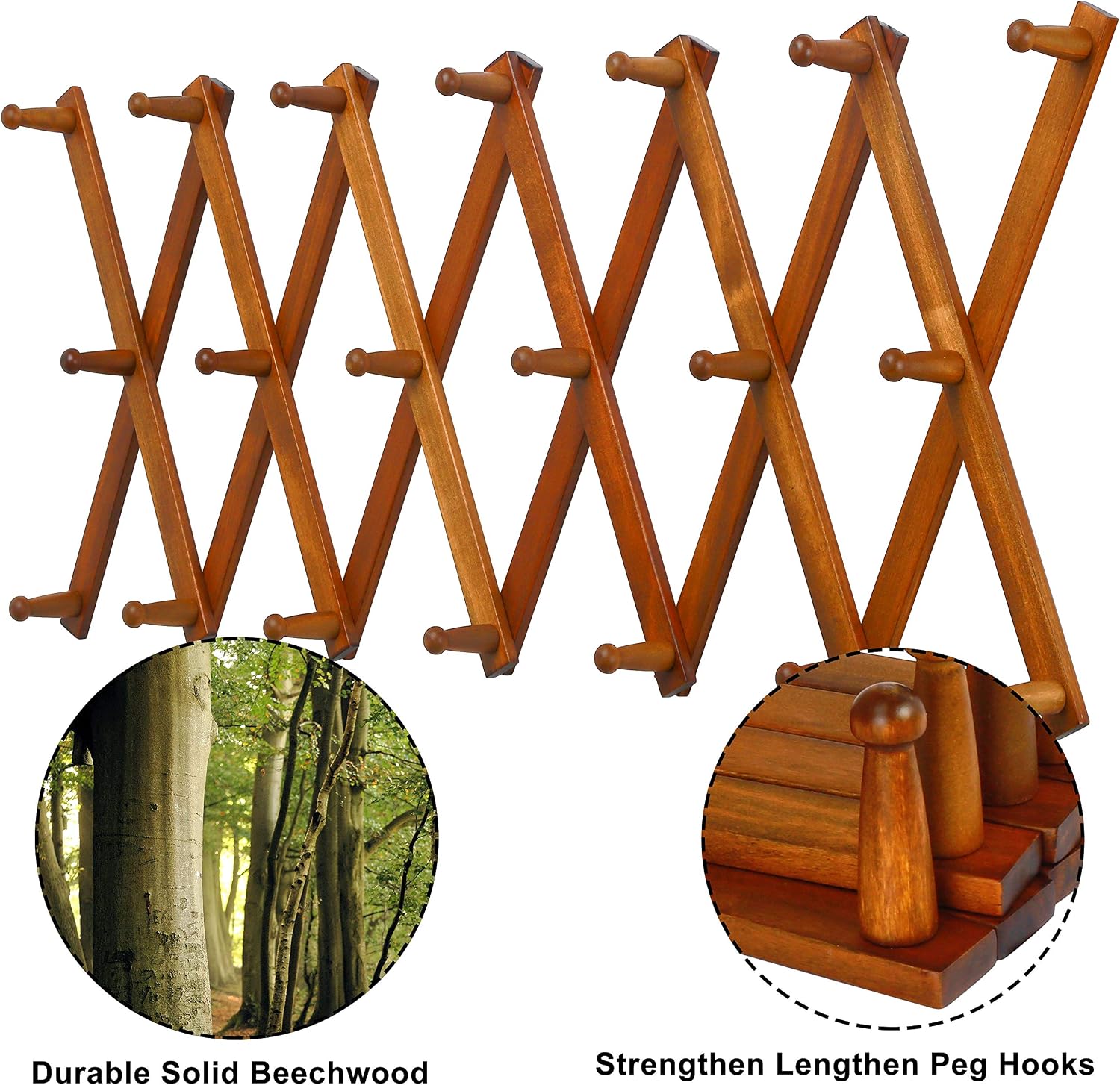Accordian Wall Hanger: 16” High Wooden Wall Expandable Coat Rack, Hat Rack Holder, Accordion Hook for Baseball Caps