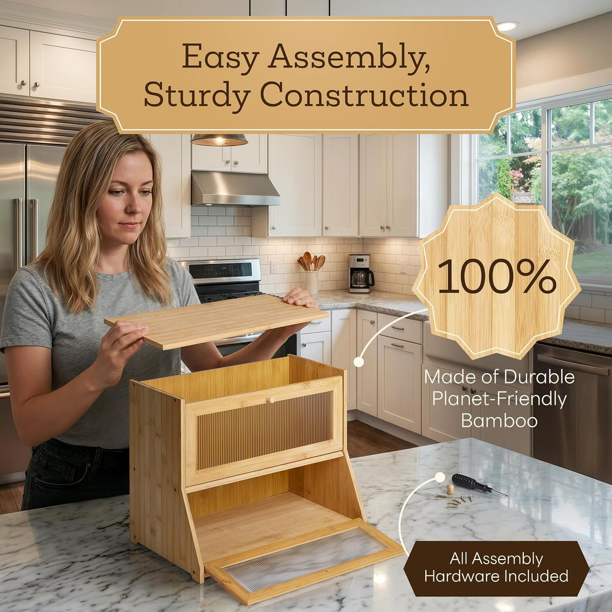 Large Bread Box for Kitchen Countertop - Bamboo Wooden Bread Box, Vintage Breadbox Countertop Cabinet, Double-Layer XL
