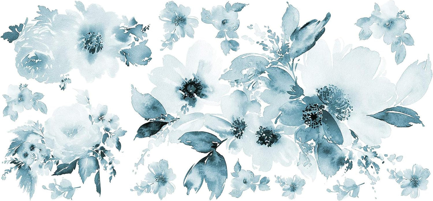RMK4708GM Watercolor Floral Peel and Stick Wall Decals / Blue